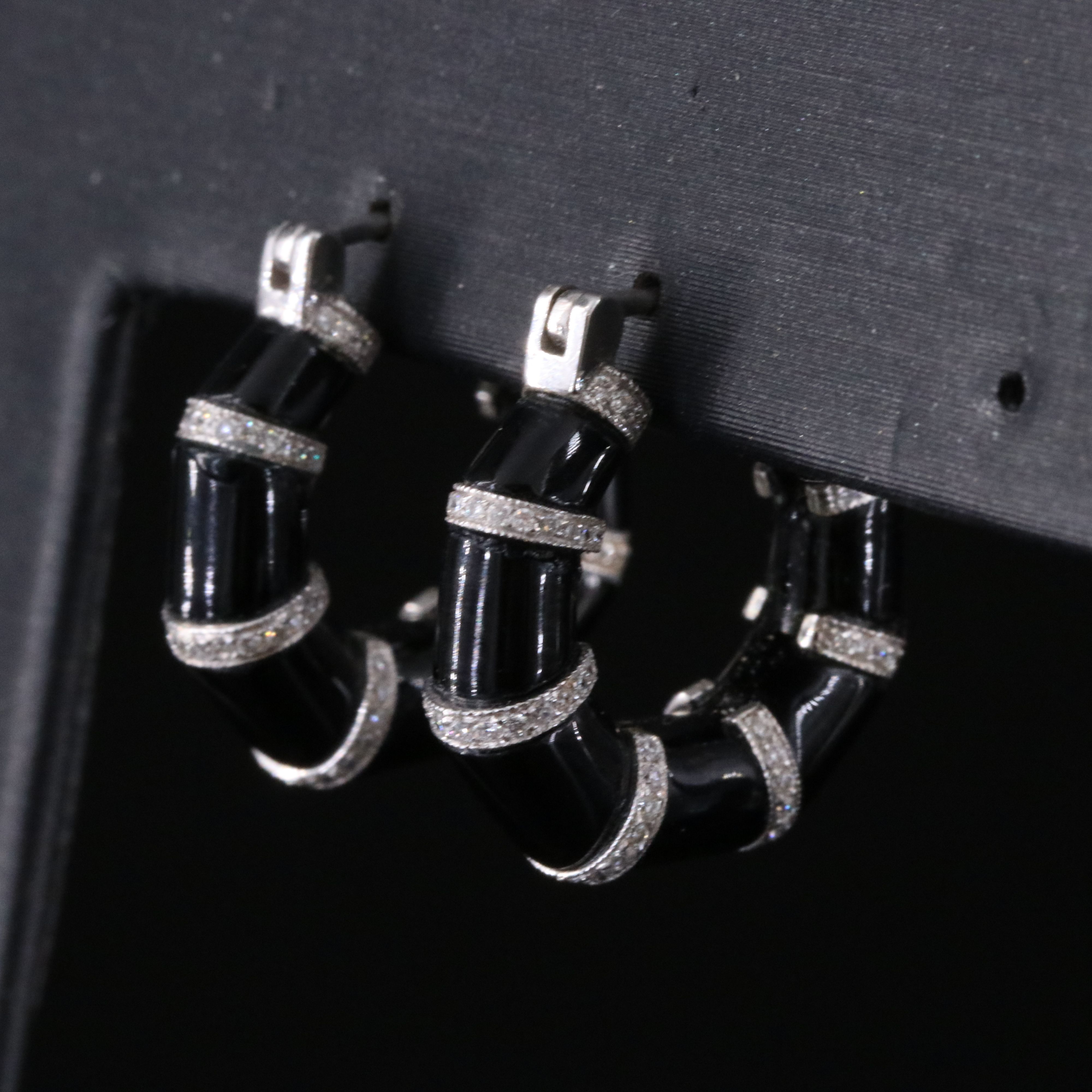 18K Banded Black Onyx and Diamond Hoop Earrings