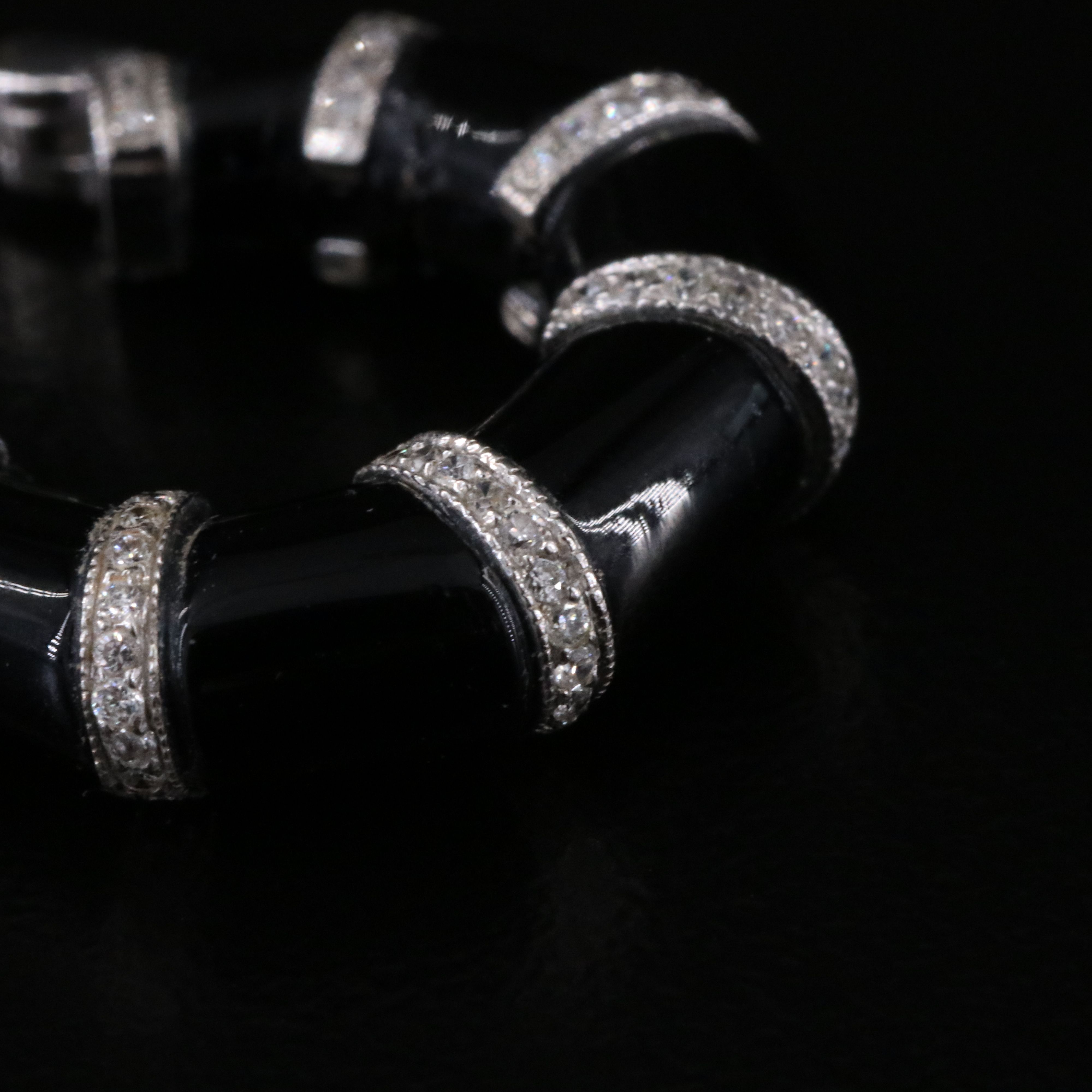 18K Banded Black Onyx and Diamond Hoop Earrings