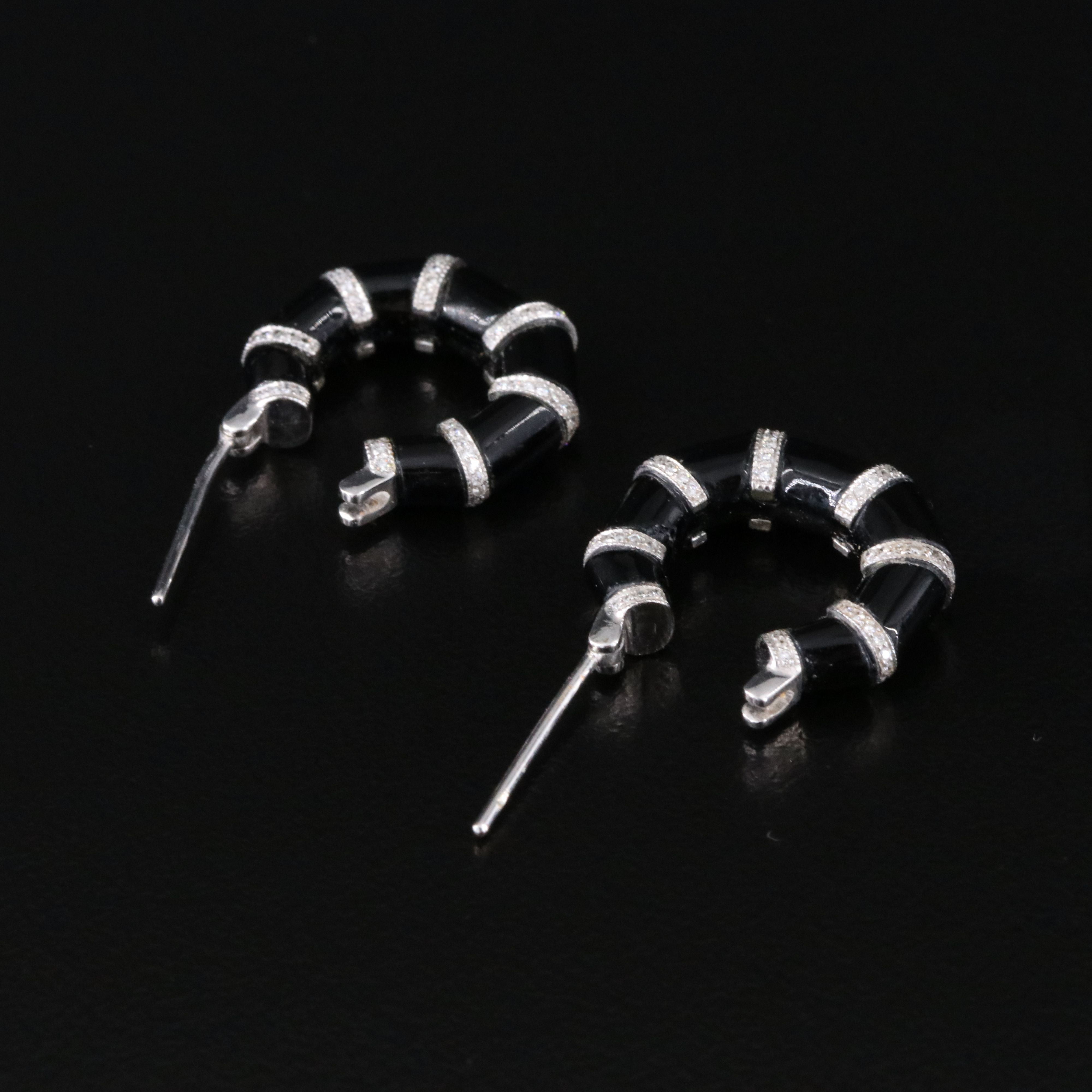 18K Banded Black Onyx and Diamond Hoop Earrings