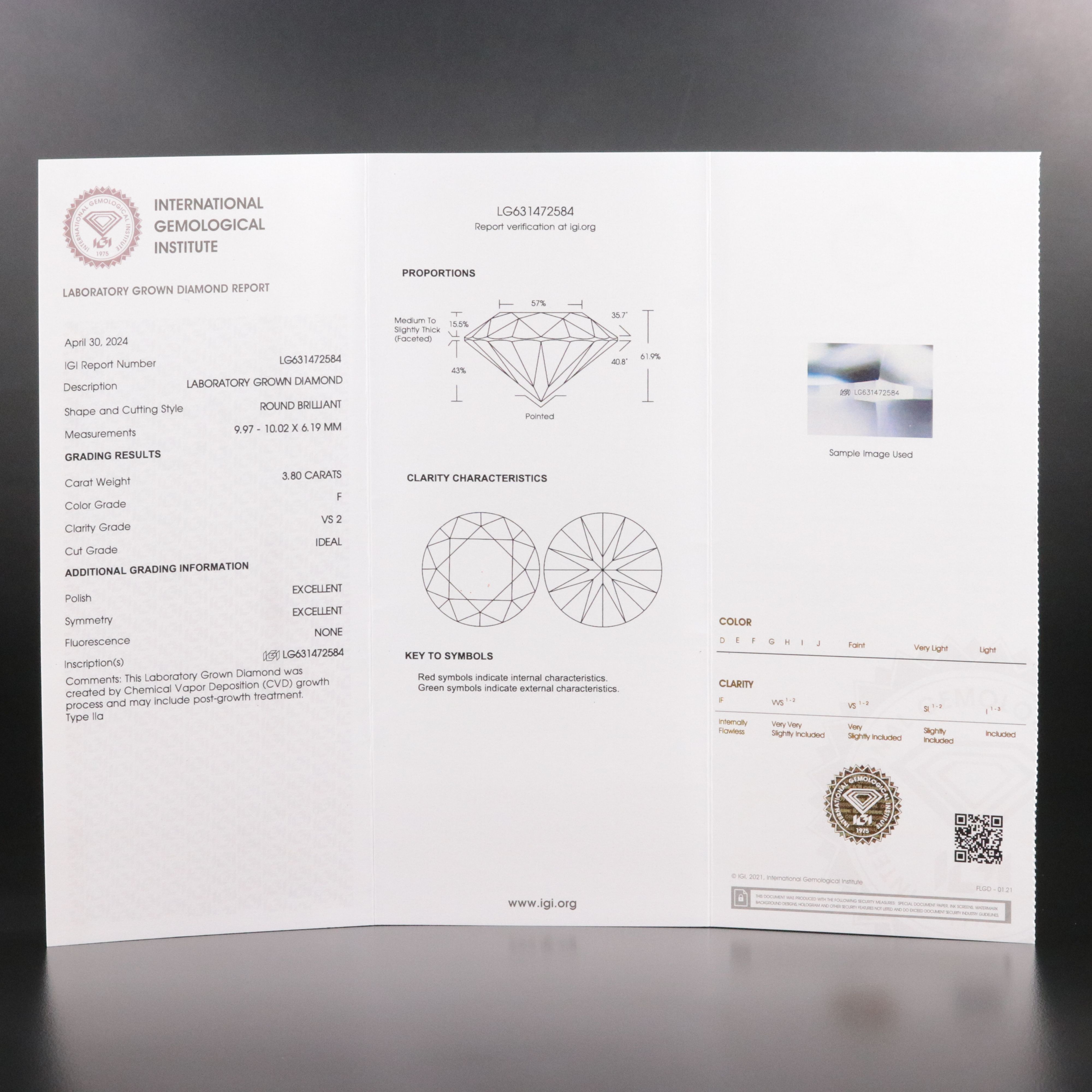 Loose 3.80 CT Lab Grown Diamond with IGI Report