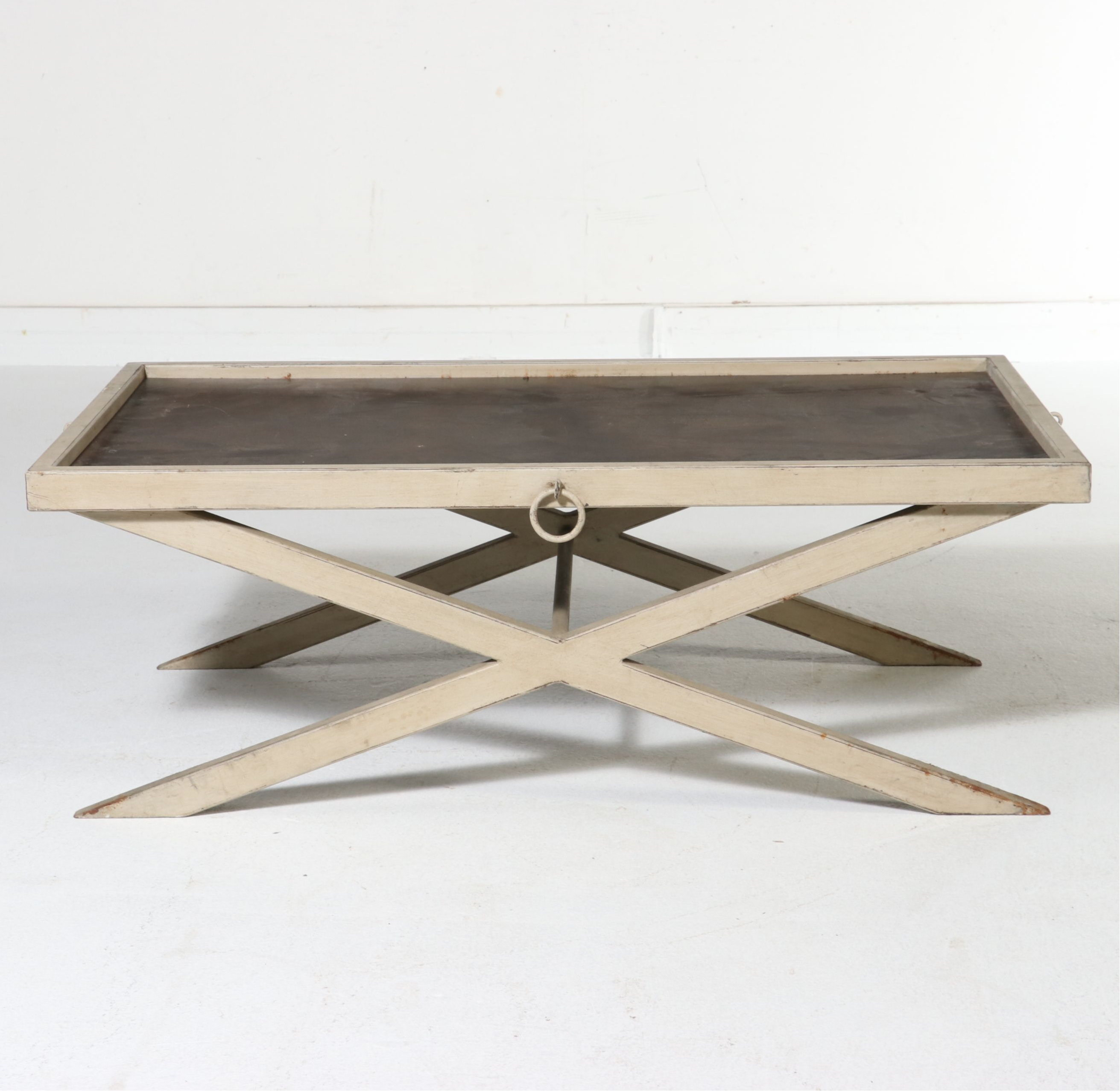 Campaign Style Painted Wood and Metal X-Frame Coffee Table