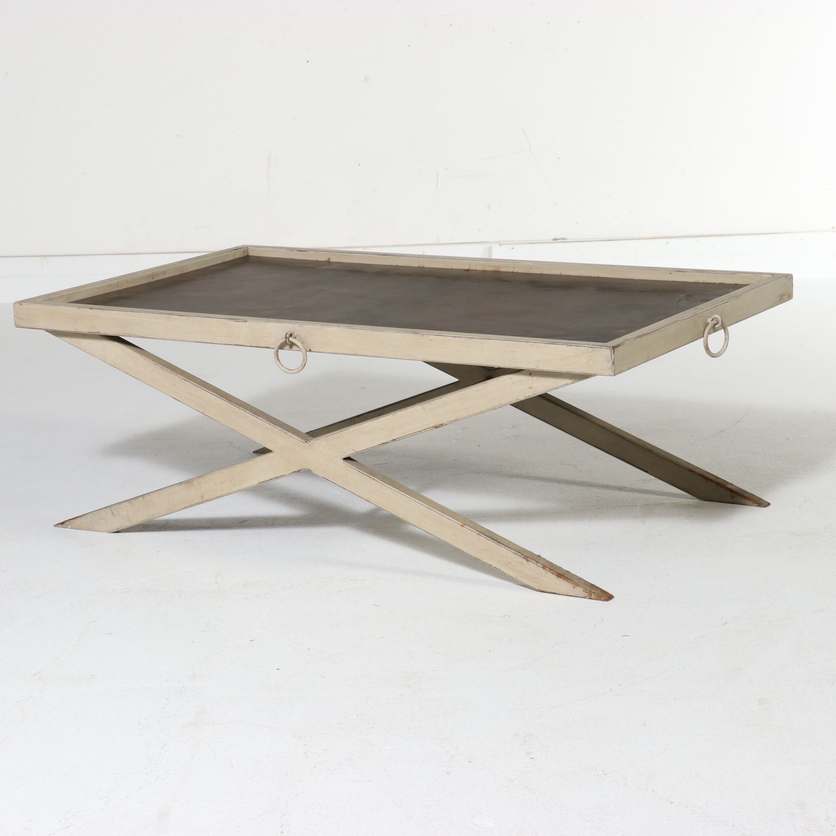 Campaign Style Painted Wood and Metal X-Frame Coffee Table