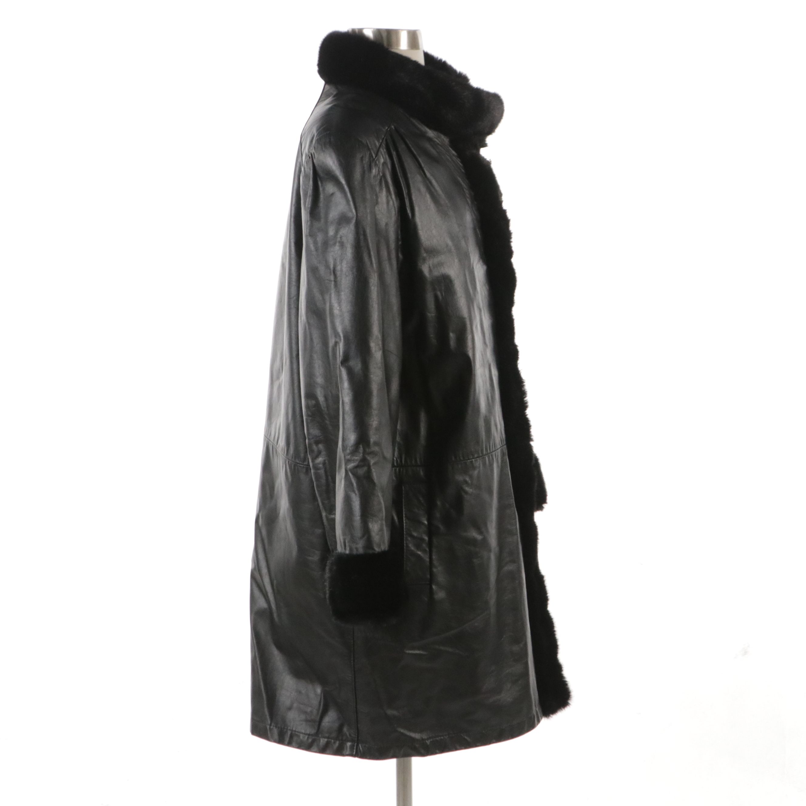 Dubrowsky & Perlbinder Black Leather and Faux-Fur Trimmed Mid-Length Coat