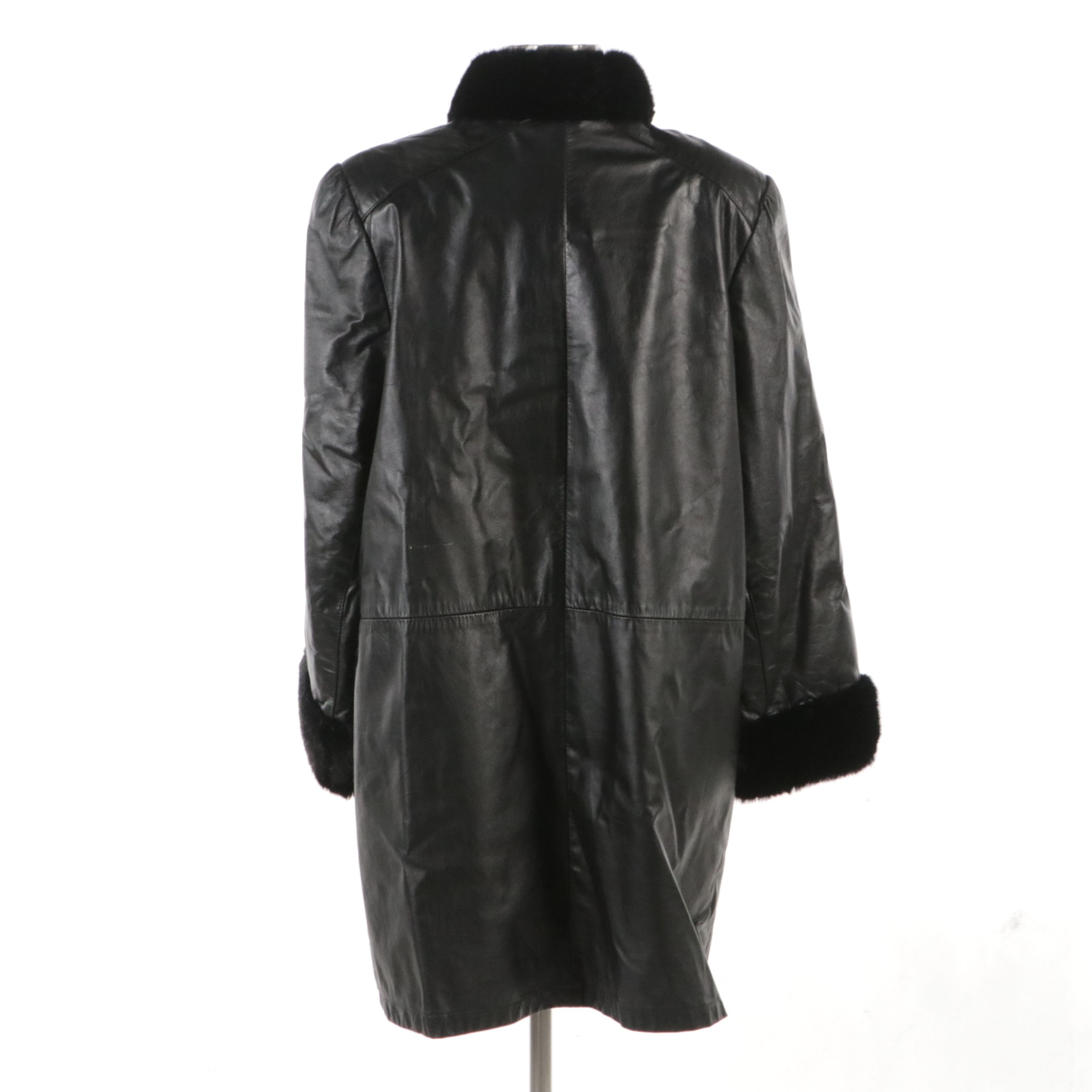 Dubrowsky & Perlbinder Black Leather and Faux-Fur Trimmed Mid-Length Coat