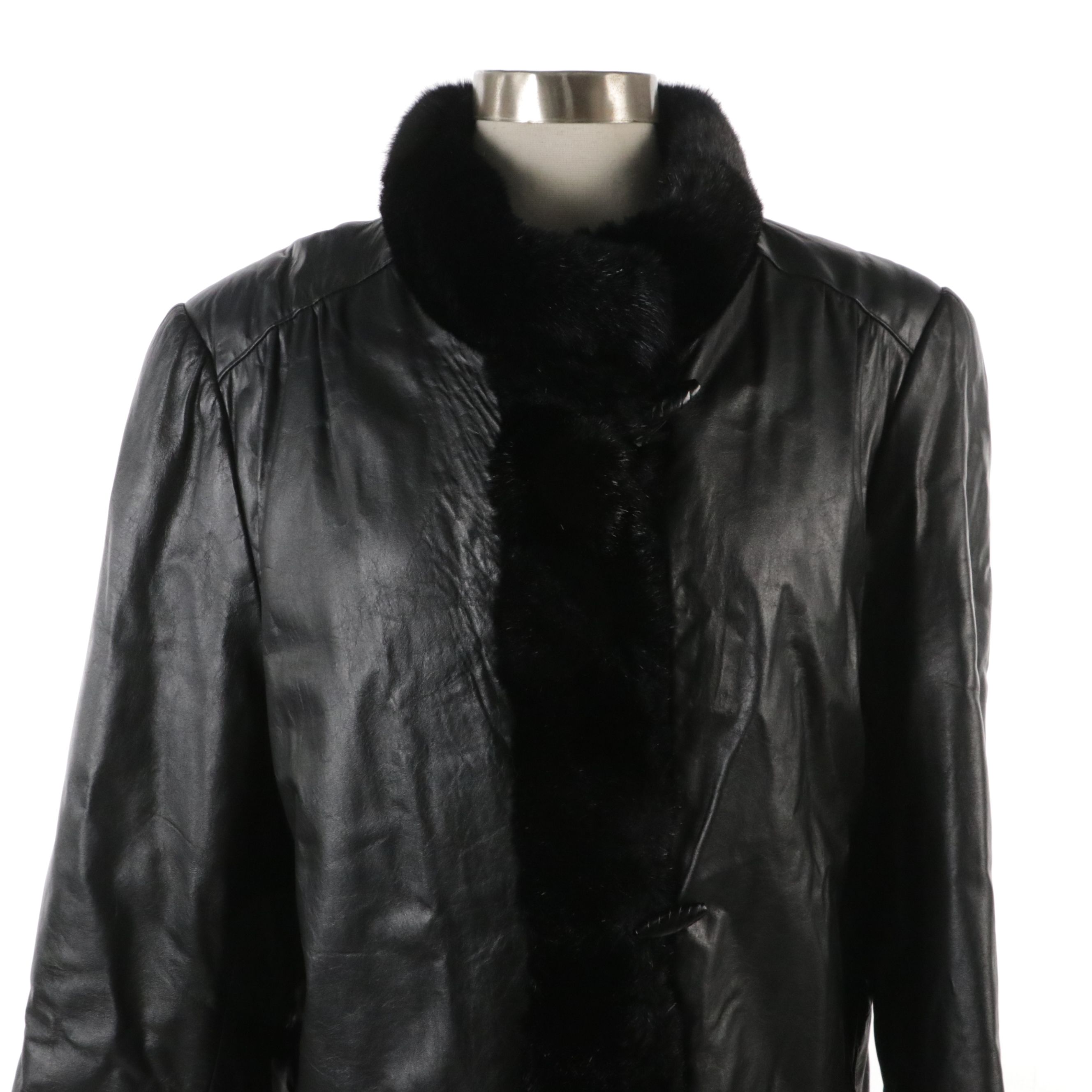 Dubrowsky & Perlbinder Black Leather and Faux-Fur Trimmed Mid-Length Coat