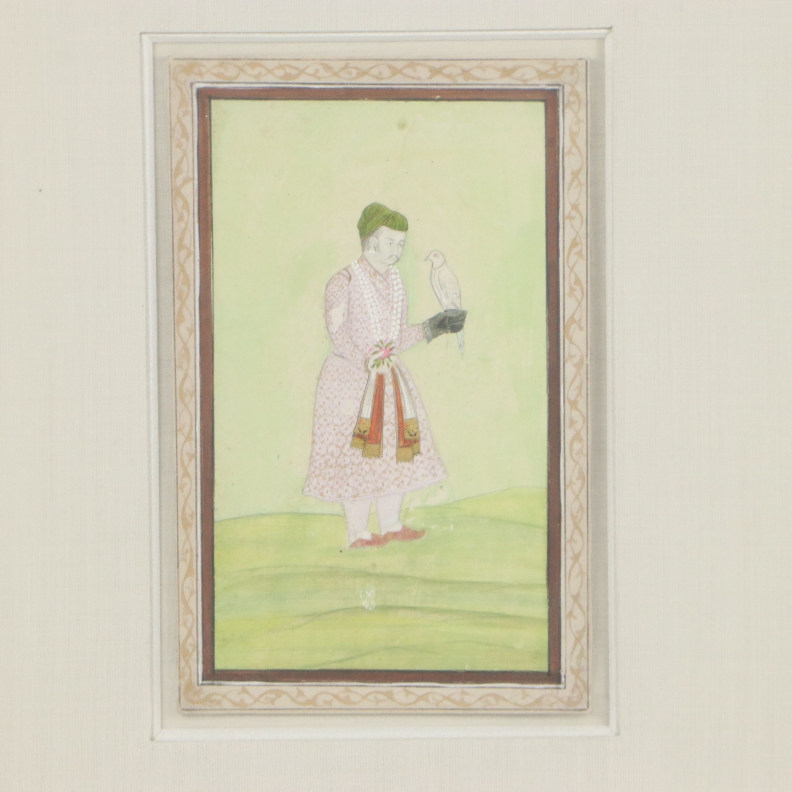 Indo-Persian School Falconry Portrait Gouache Painting, Circa Early 20th Century