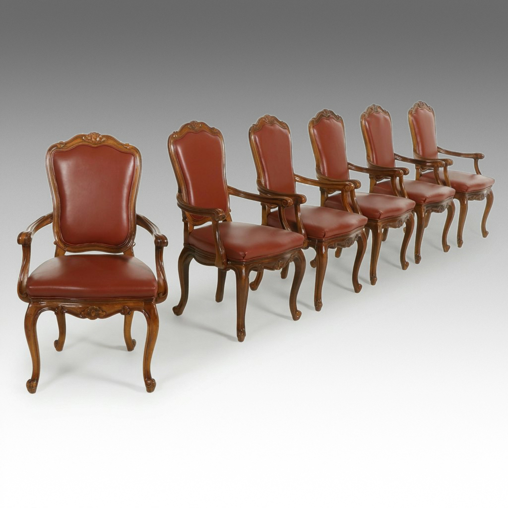 Six Louis XV Style Walnut Dining Chairs with Leather Upholstery