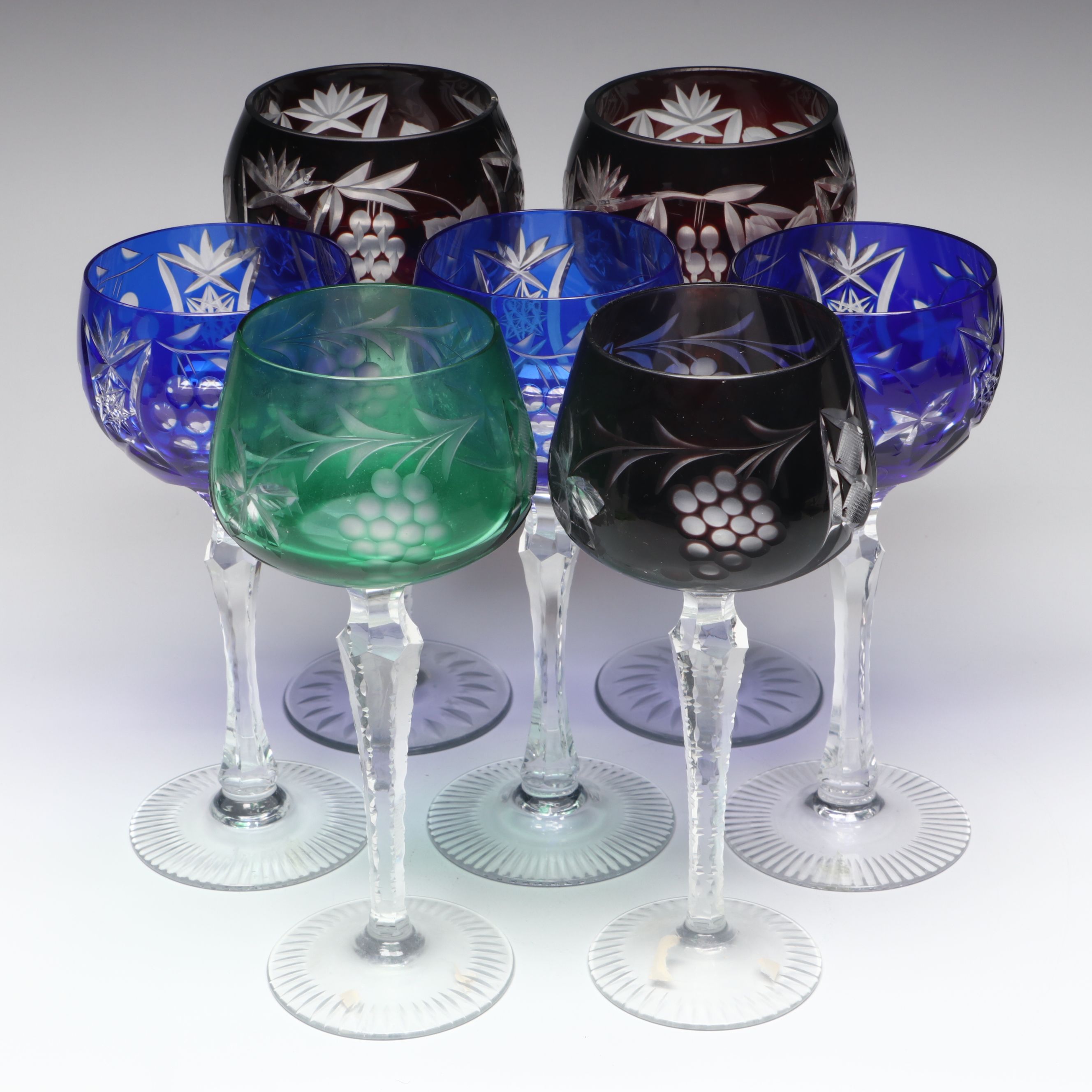Vintage Grape and Leaf Cut Glass Colorful Hock Wine Glasses