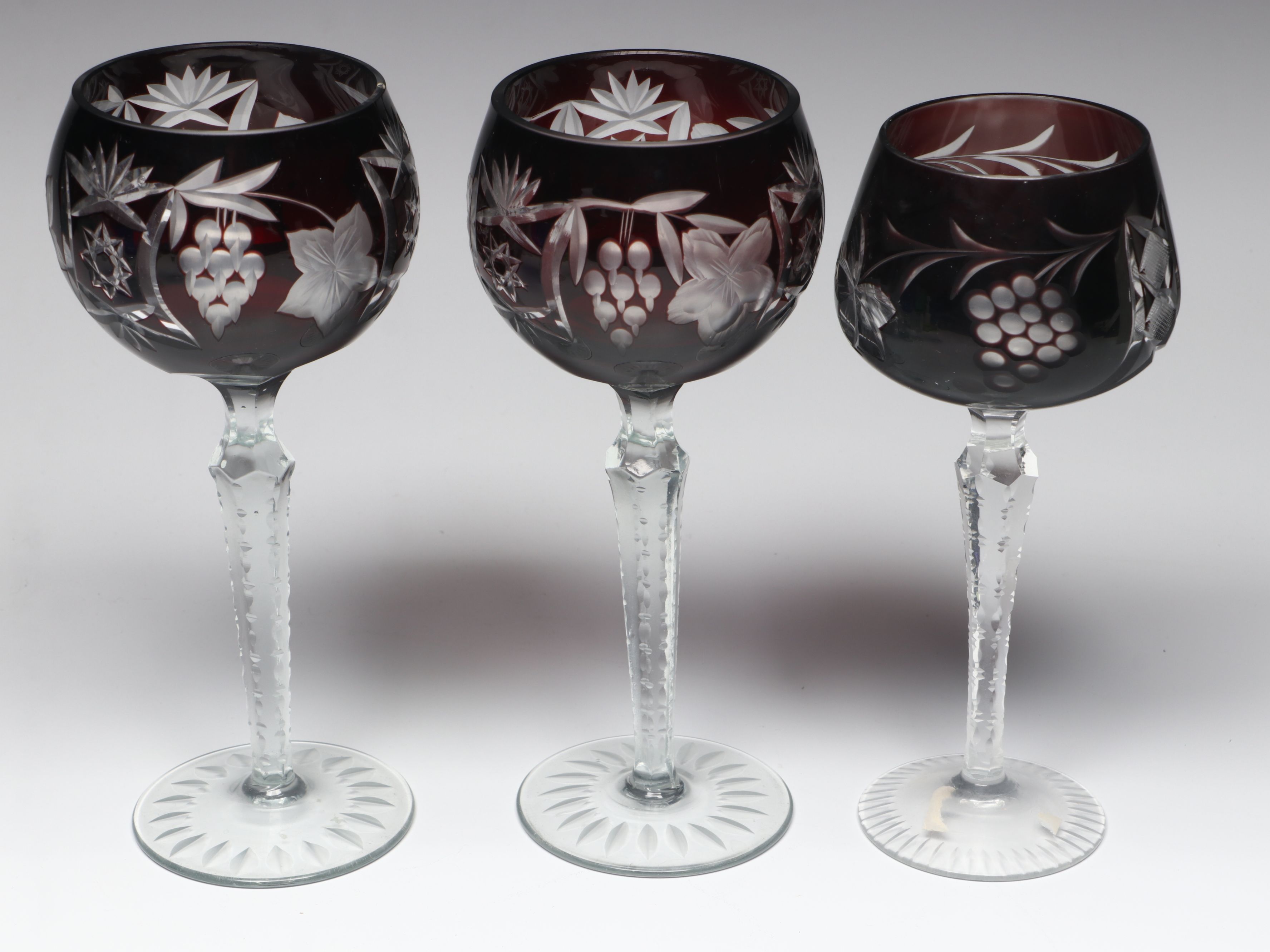 Vintage Grape and Leaf Cut Glass Colorful Hock Wine Glasses