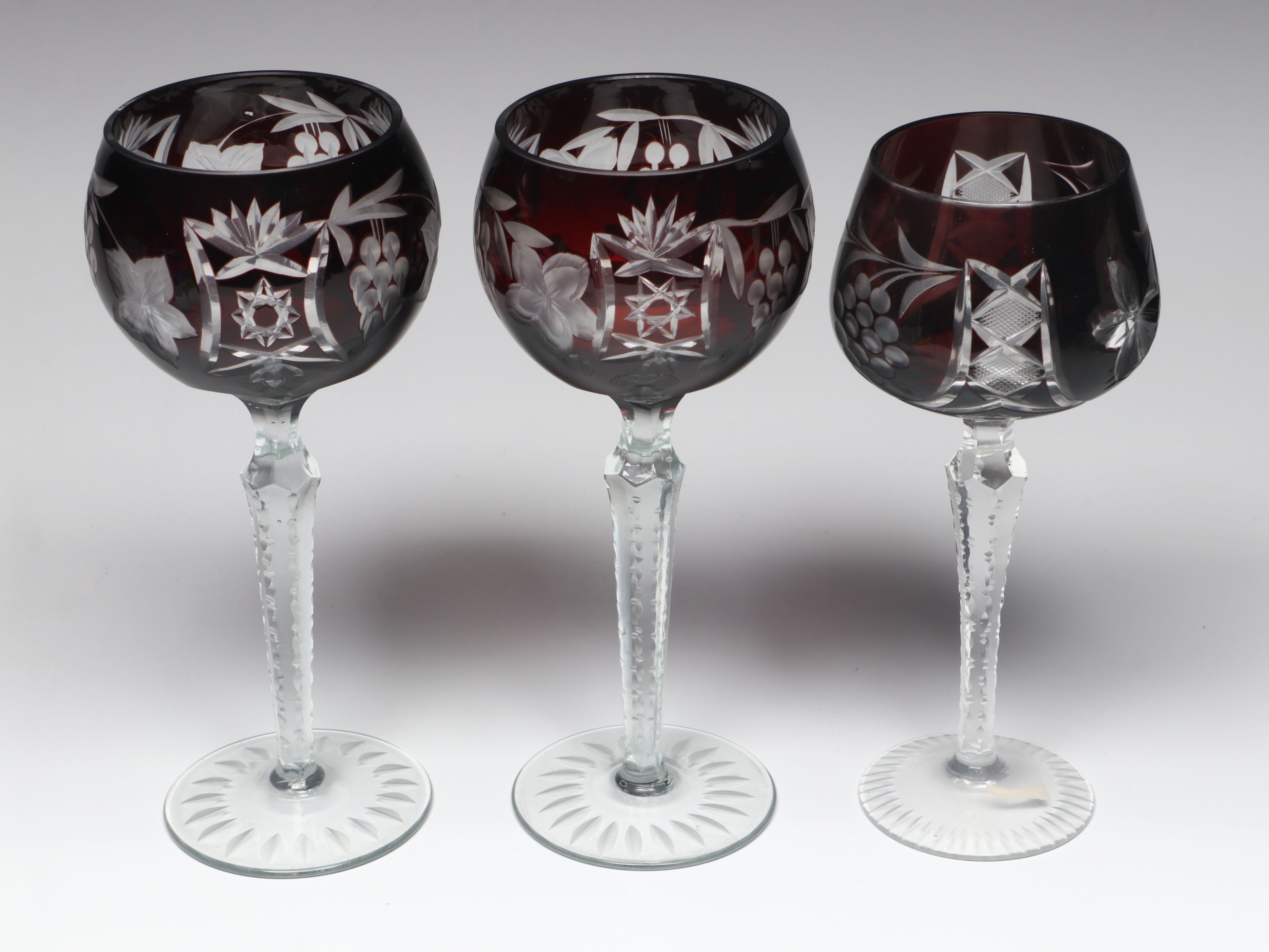 Vintage Grape and Leaf Cut Glass Colorful Hock Wine Glasses