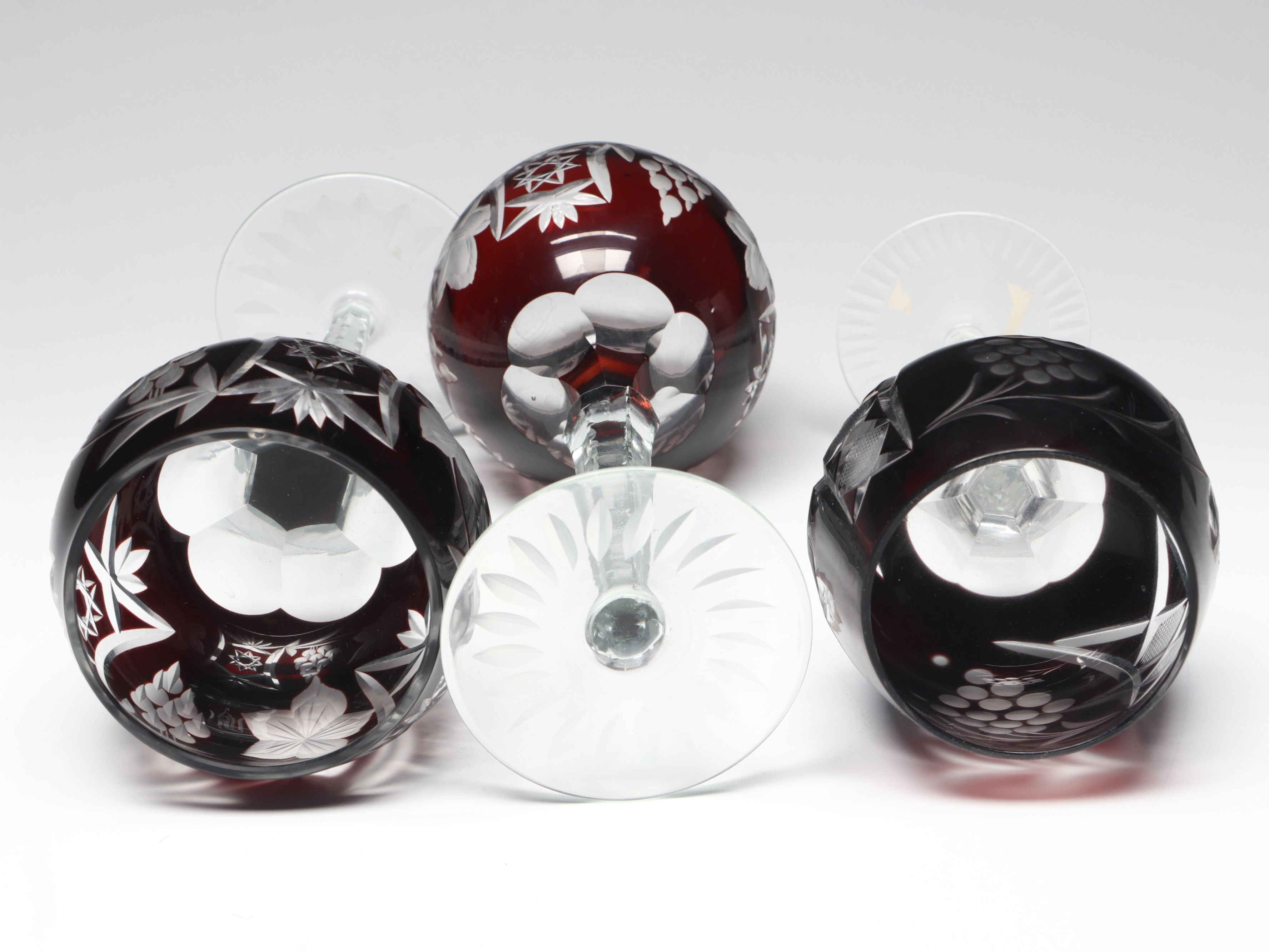 Vintage Grape and Leaf Cut Glass Colorful Hock Wine Glasses