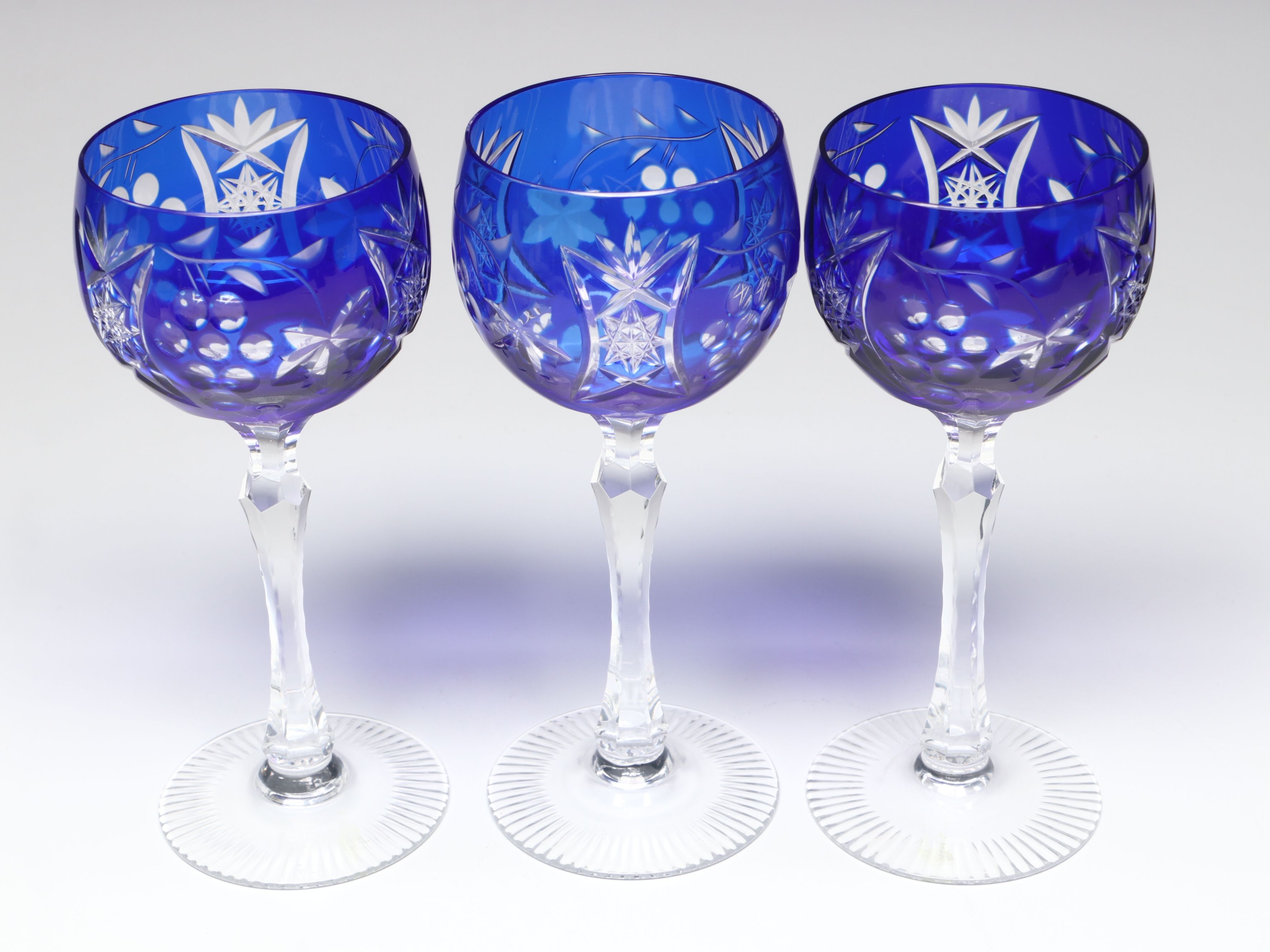 Vintage Grape and Leaf Cut Glass Colorful Hock Wine Glasses