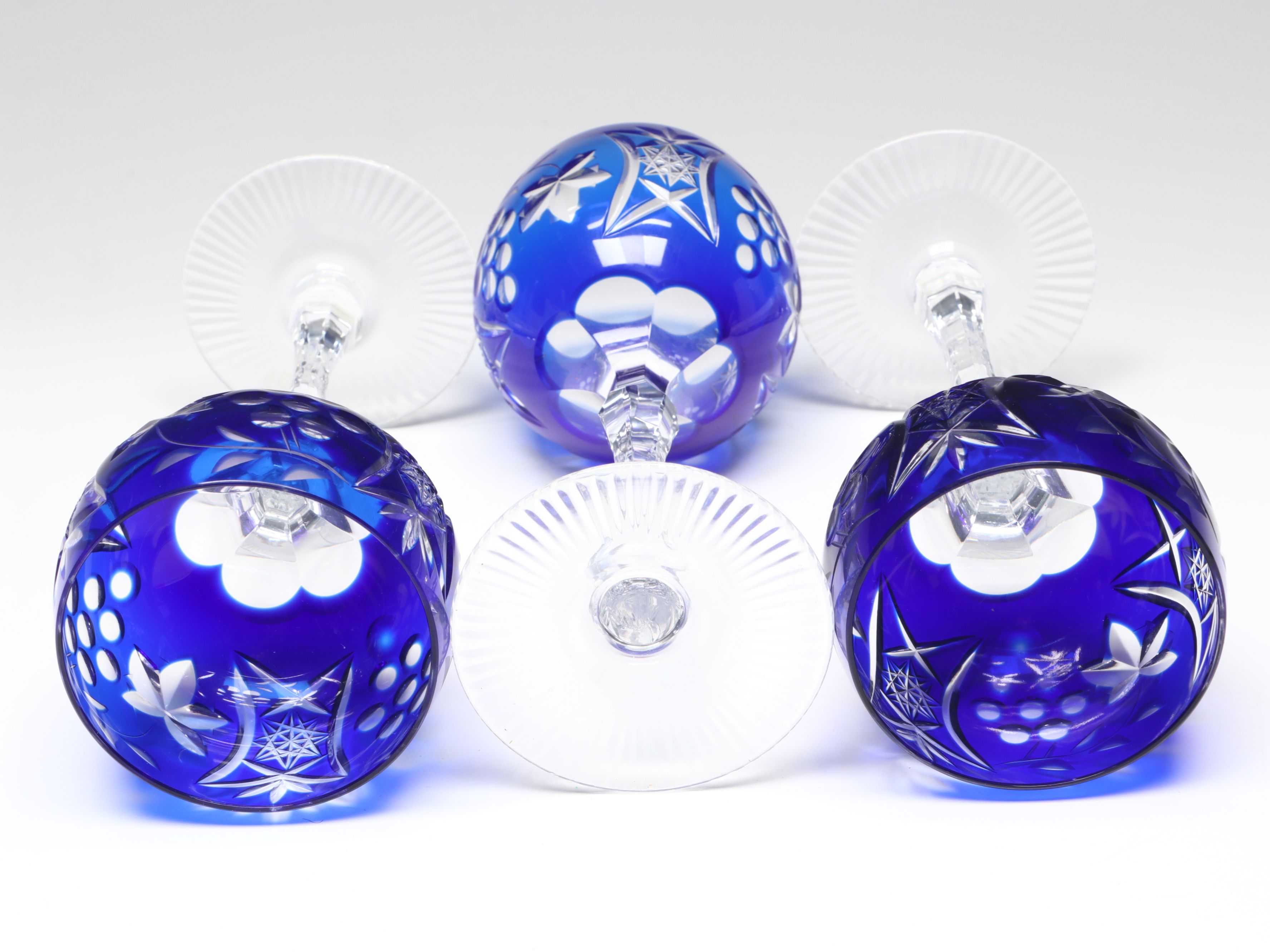 Vintage Grape and Leaf Cut Glass Colorful Hock Wine Glasses