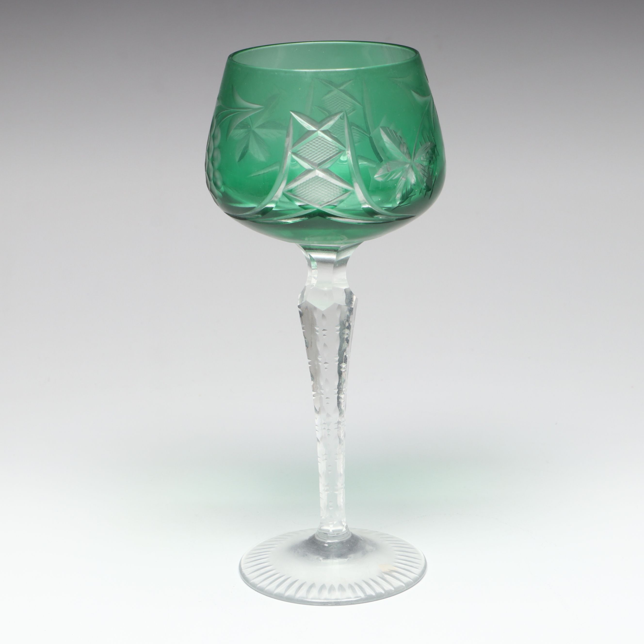 Vintage Grape and Leaf Cut Glass Colorful Hock Wine Glasses