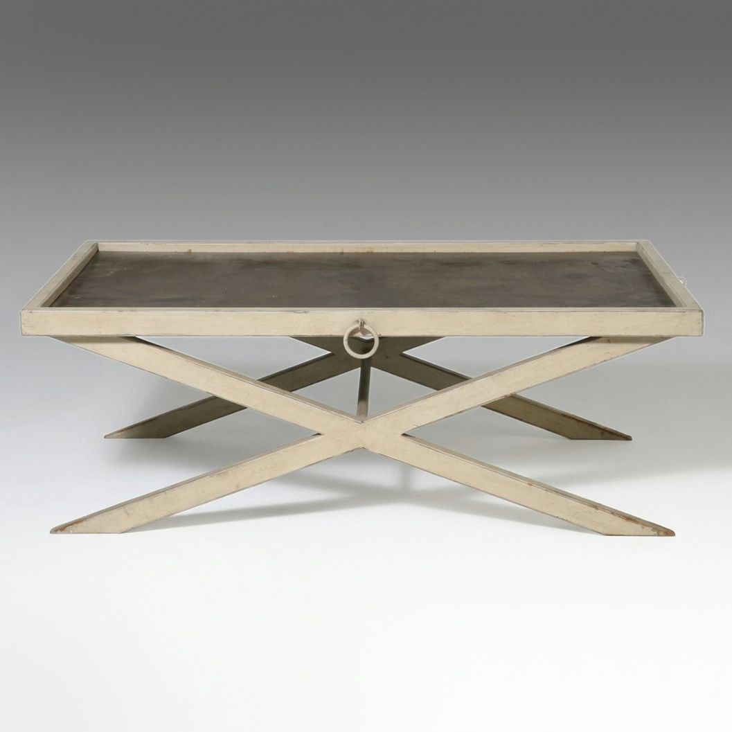 Campaign Style Painted Wood and Metal X-Frame Coffee Table