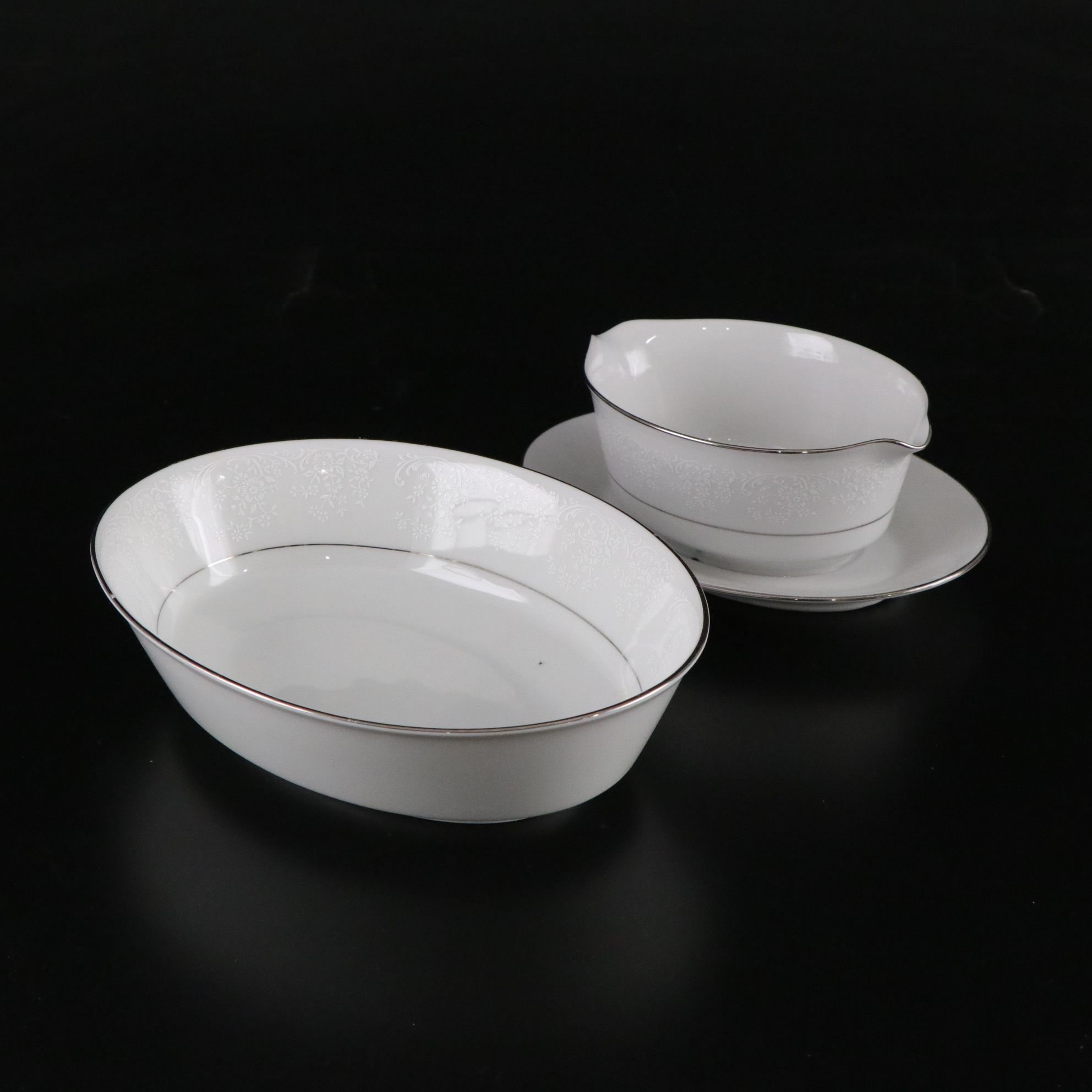 Noritake "Tahoe" & Fostoria "Sheffield" Platinum Trim Dinnerware & Glassware