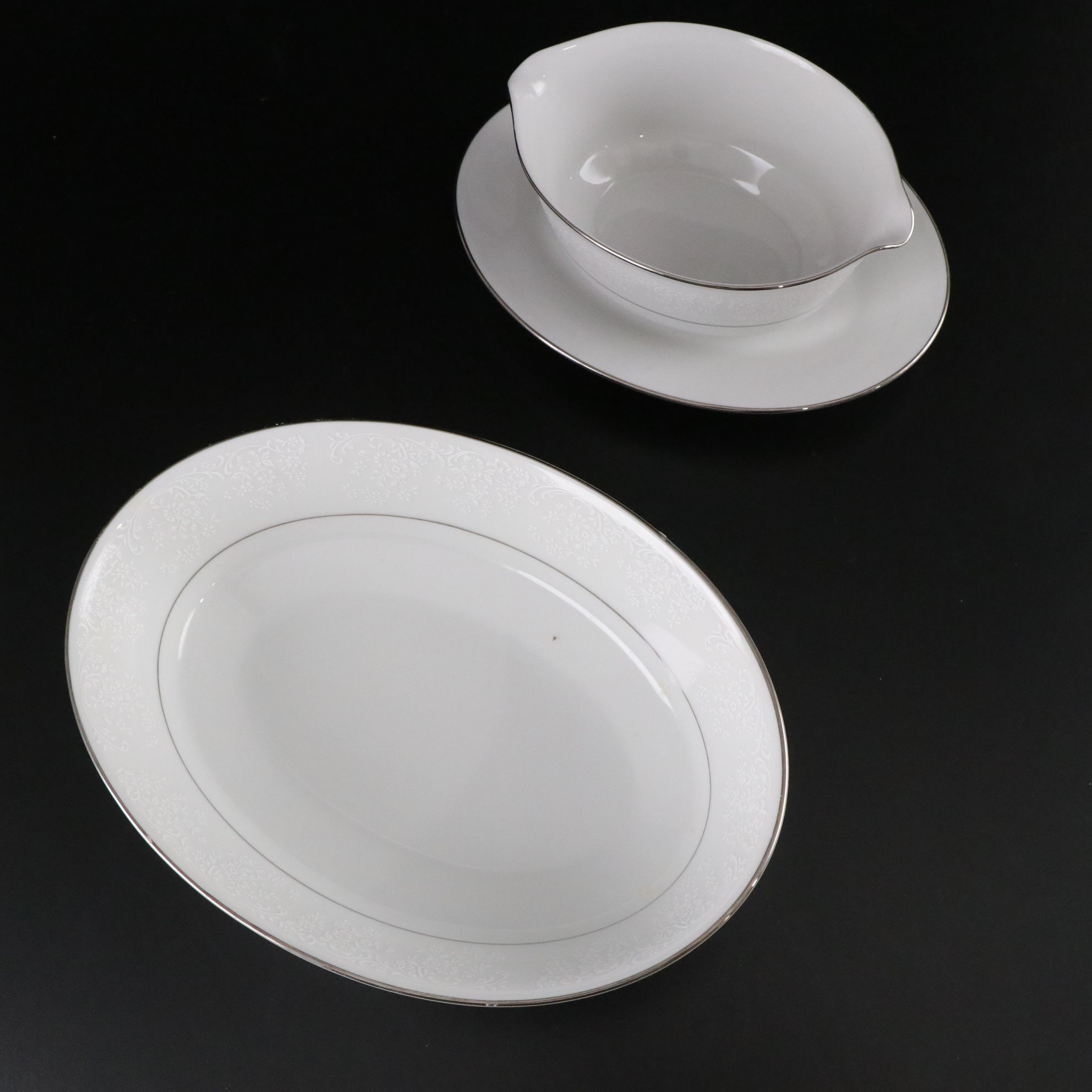 Noritake "Tahoe" & Fostoria "Sheffield" Platinum Trim Dinnerware & Glassware