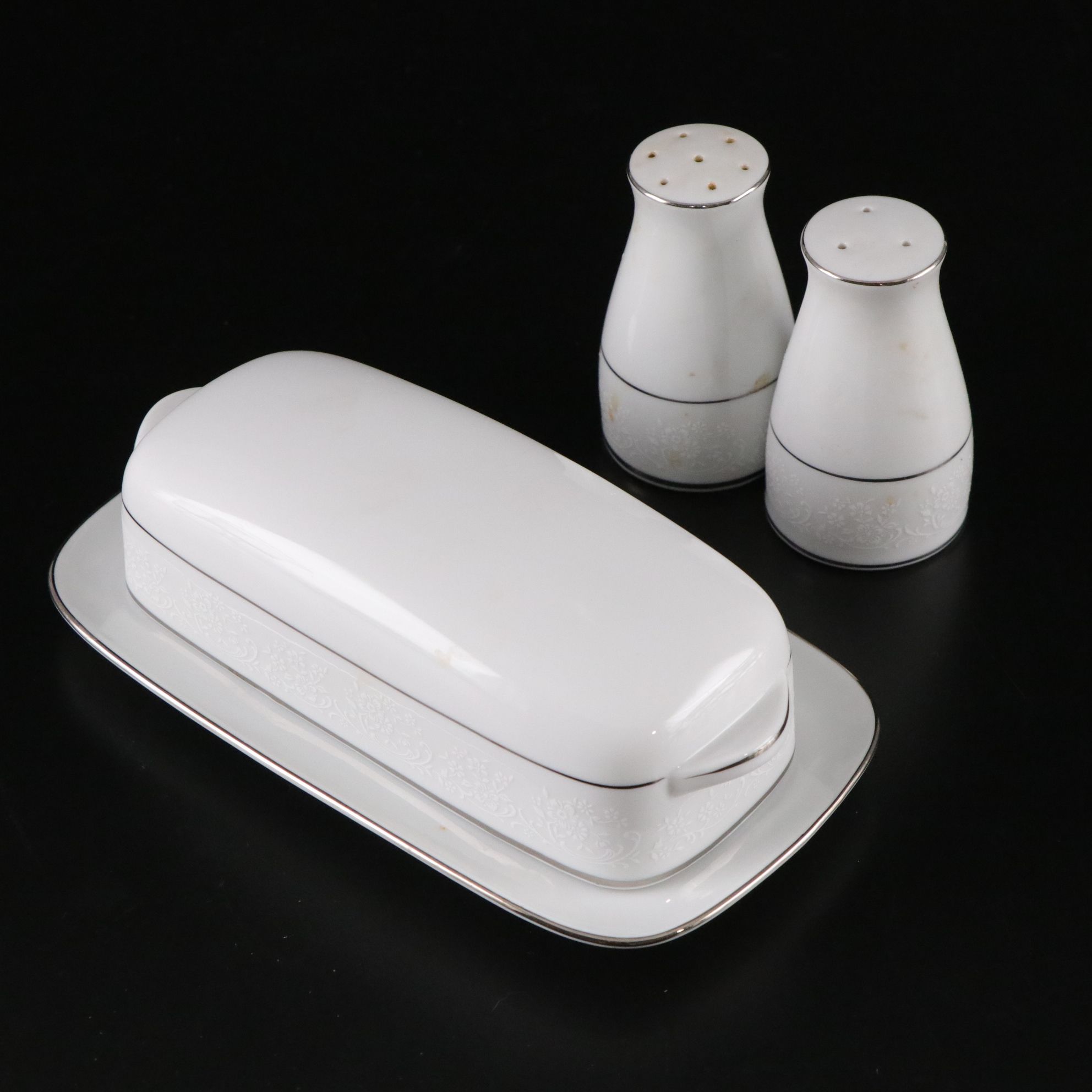 Noritake "Tahoe" & Fostoria "Sheffield" Platinum Trim Dinnerware & Glassware