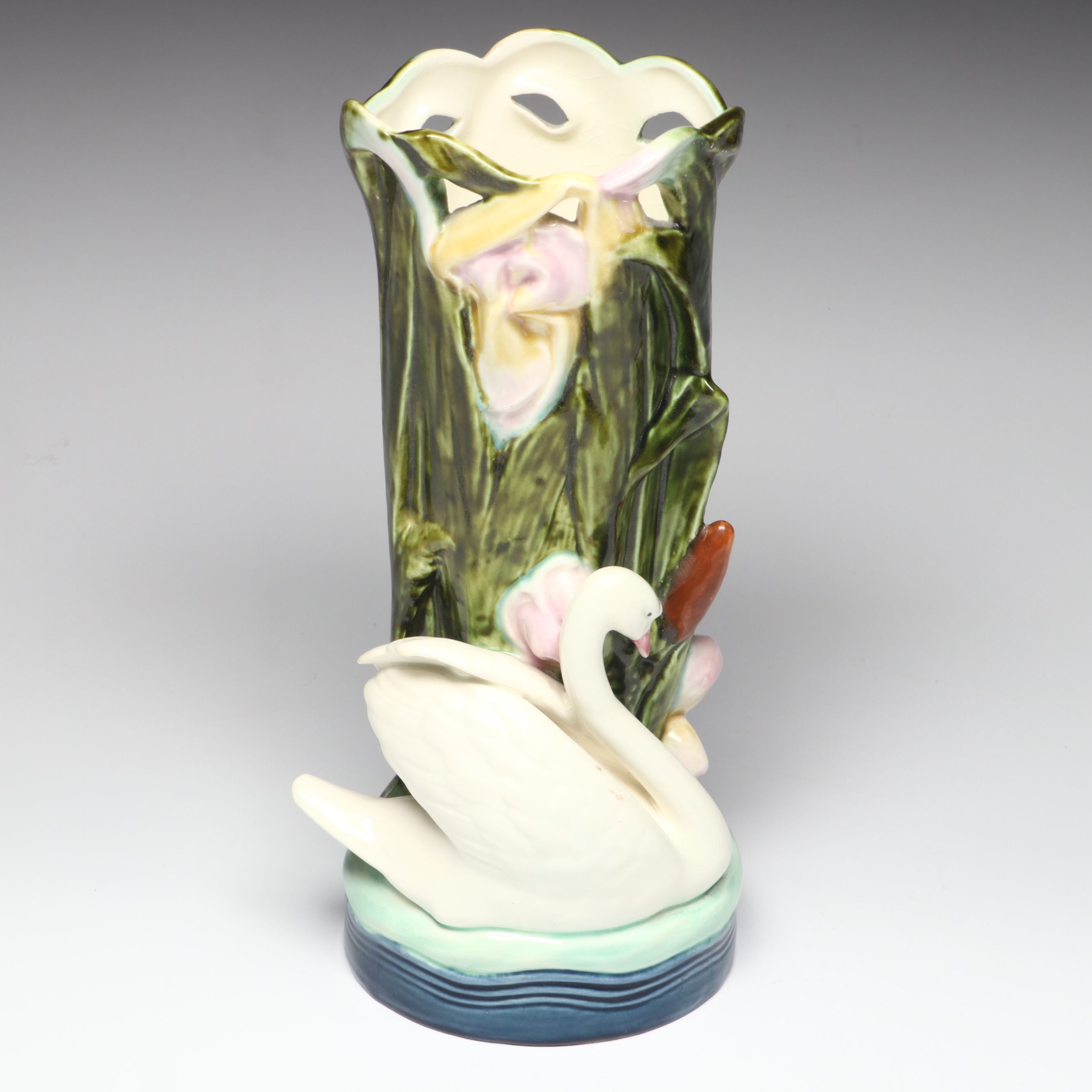 Royal Dux Ceramic Swan Vase with German Floral Ceramic Bowl
