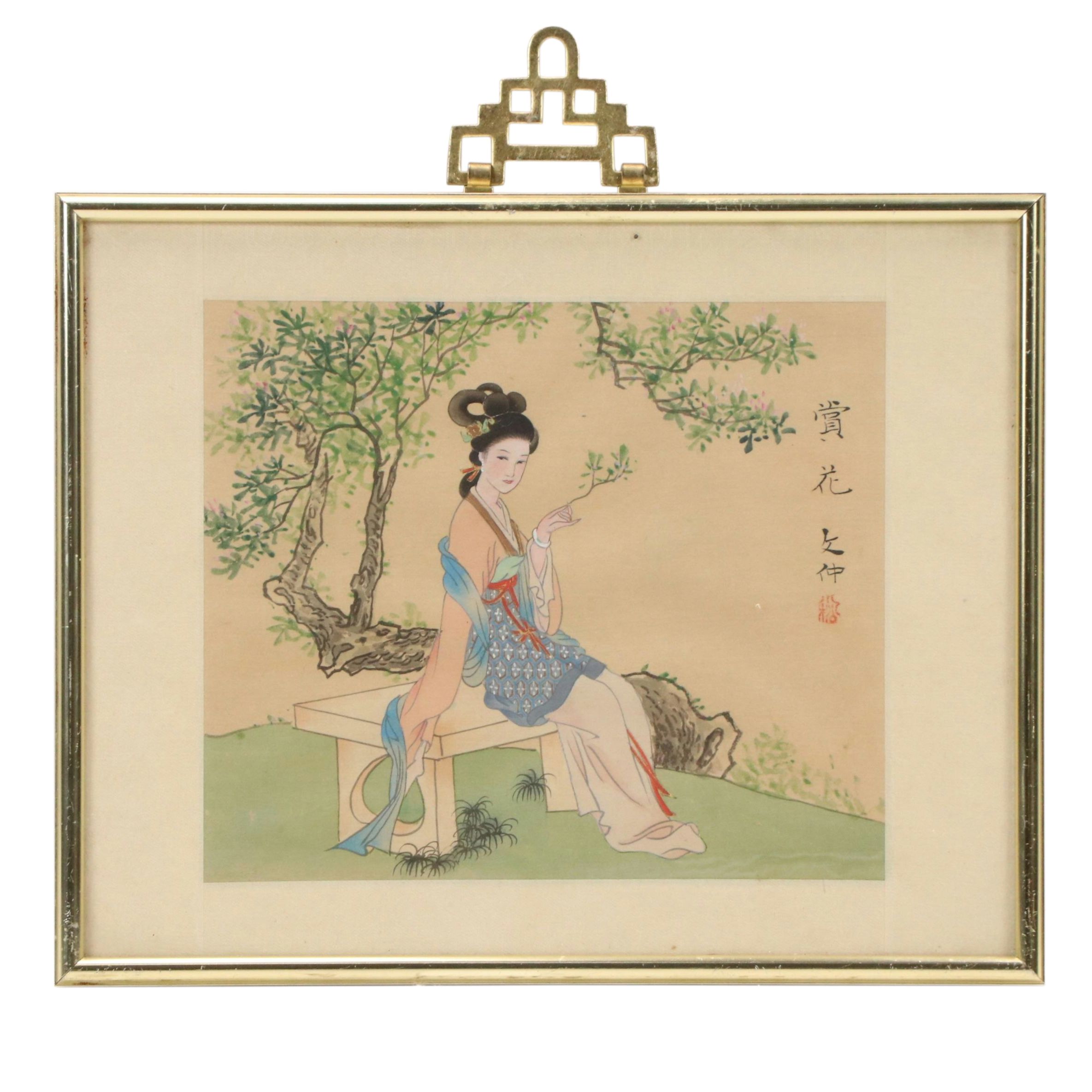 Chinese Hand-Painted Silk Panels Depicting Women in Landscapes