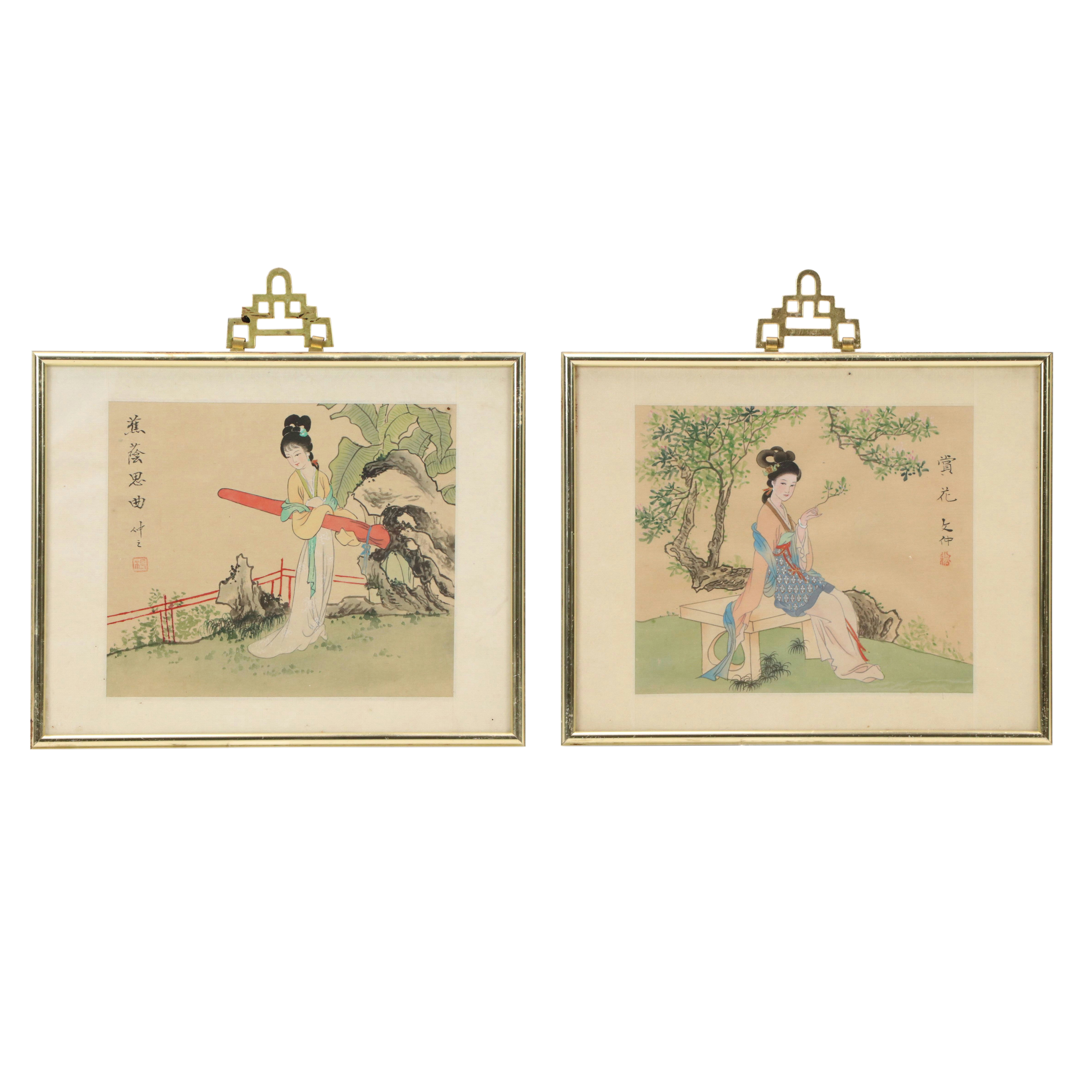 Chinese Hand-Painted Silk Panels Depicting Women in Landscapes