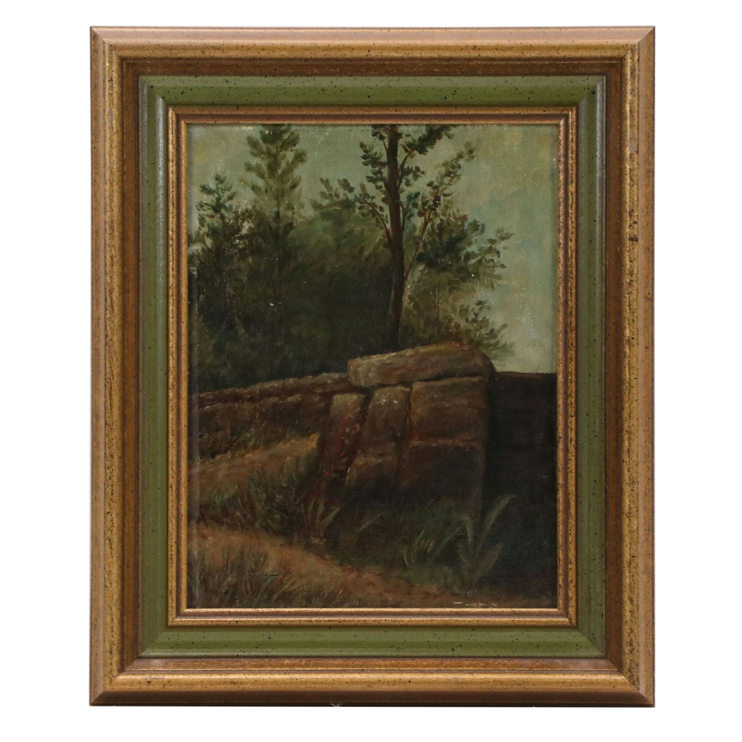 Victorian Hobbyist Oil Painting of Rock Wall in Landscape, Circa 1900