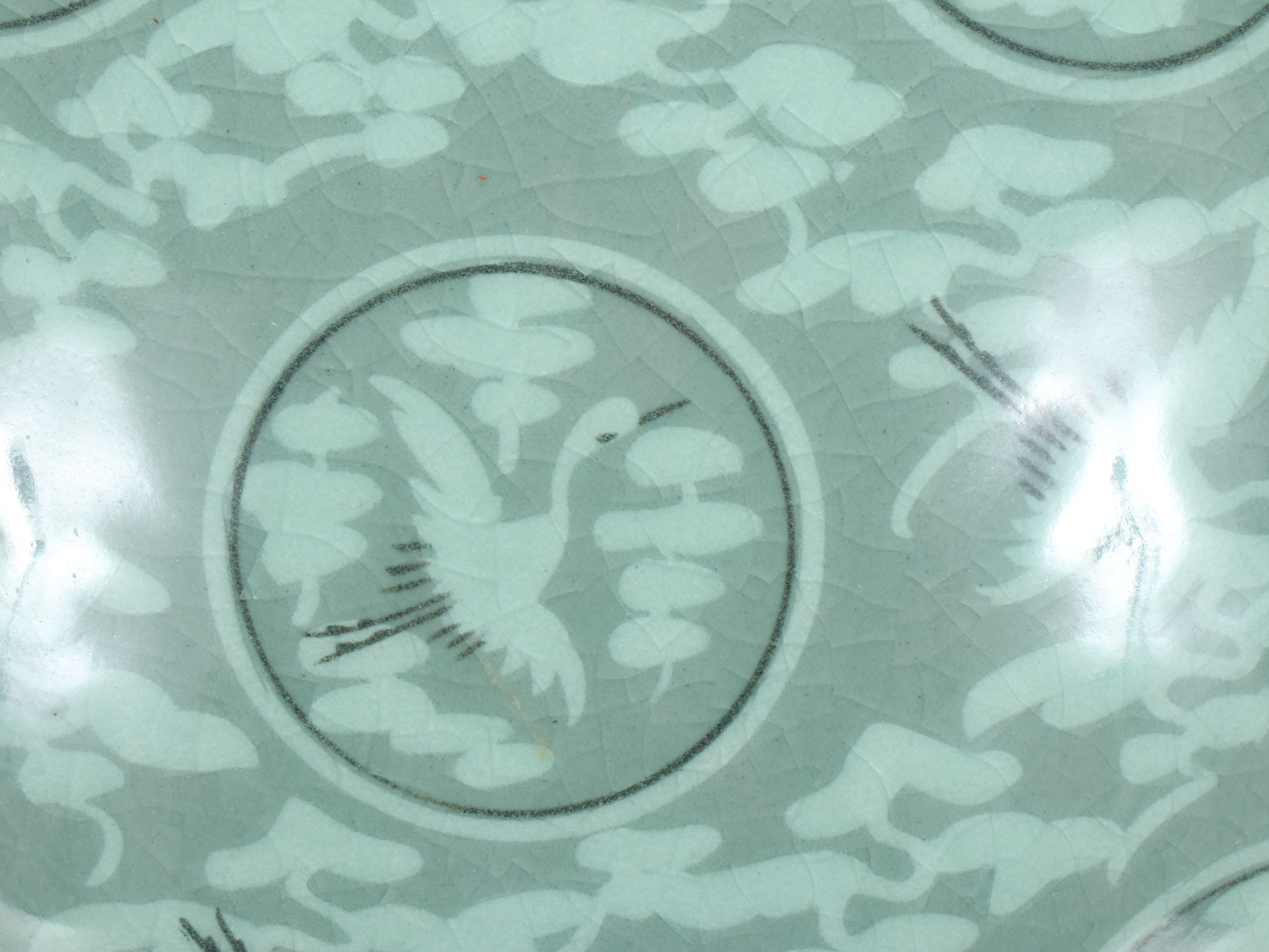 Korean Celadon Crane and Cloud Porcelain Vase, Mid to Late 20th Century