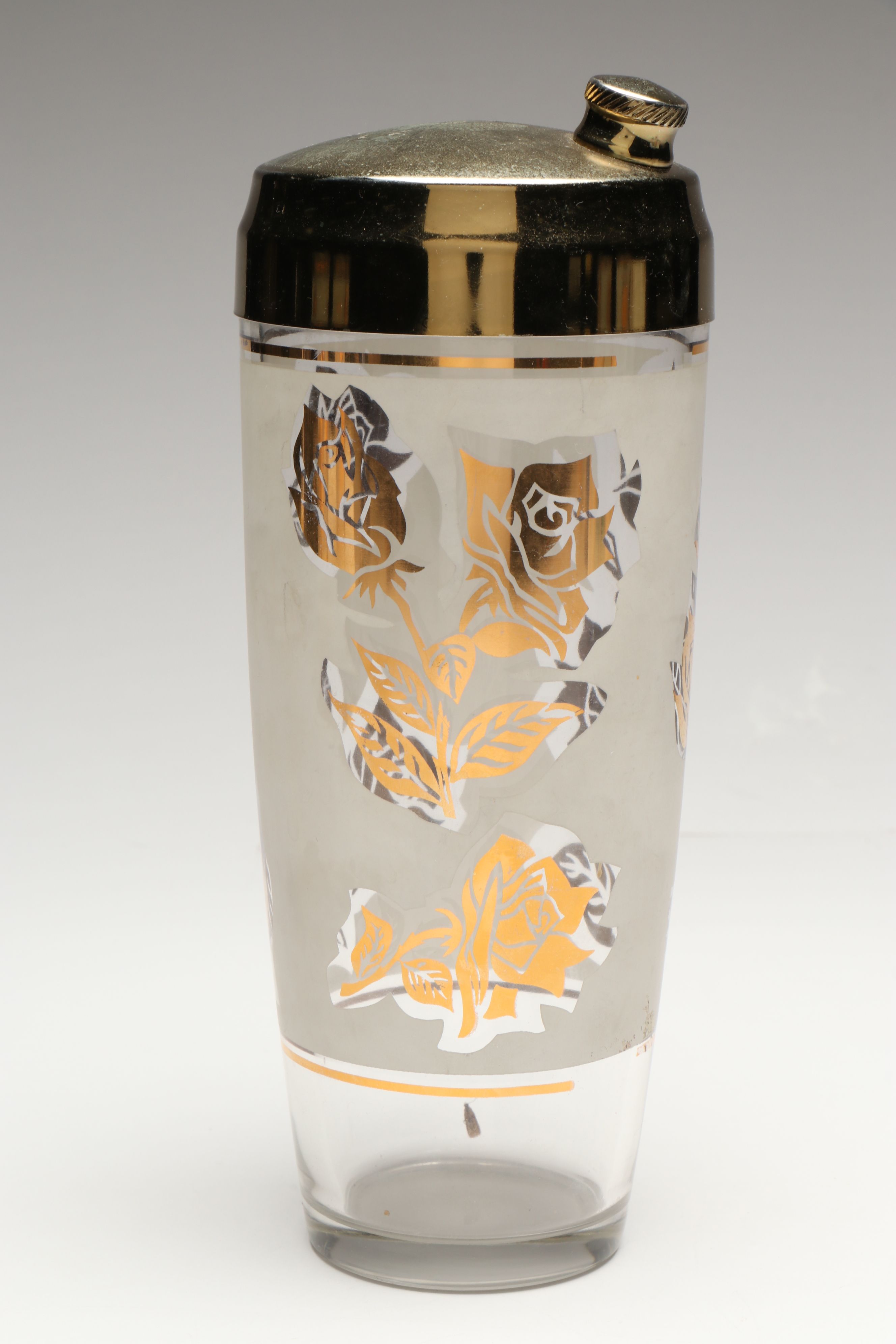 Mid-Century Gold Gilt Rose Glass Cocktail Shaker and Champagne Flutes