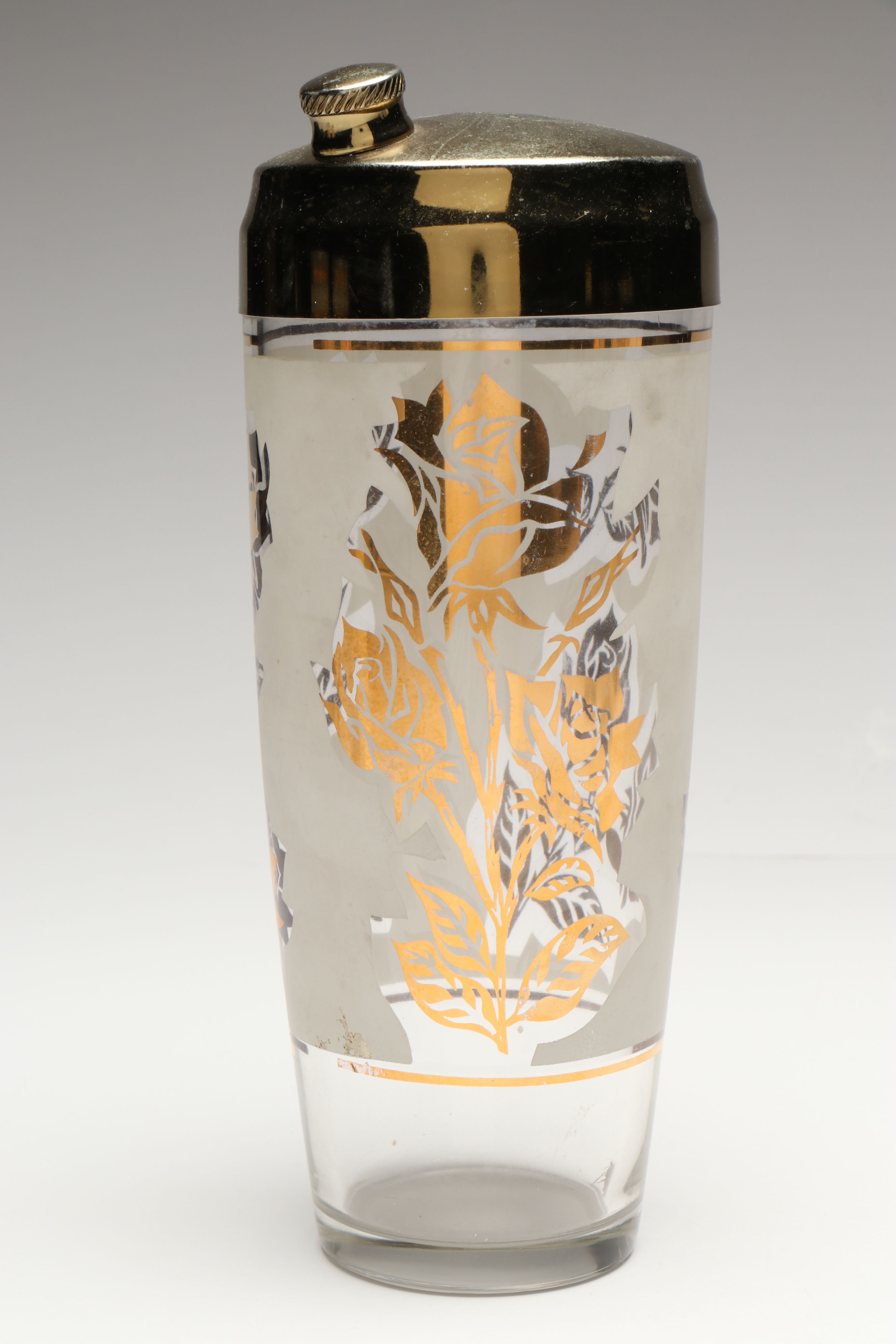 Mid-Century Gold Gilt Rose Glass Cocktail Shaker and Champagne Flutes