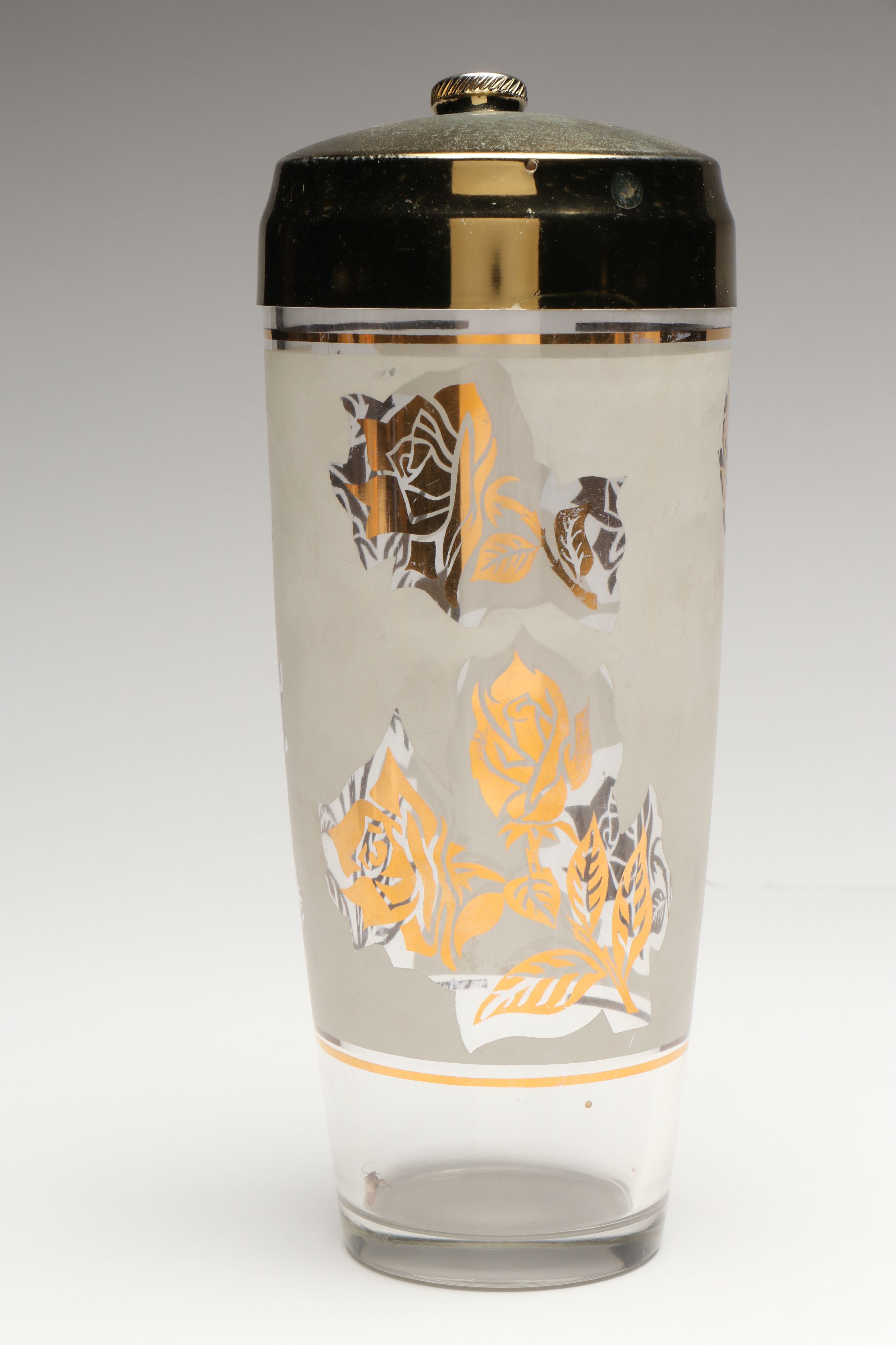 Mid-Century Gold Gilt Rose Glass Cocktail Shaker and Champagne Flutes