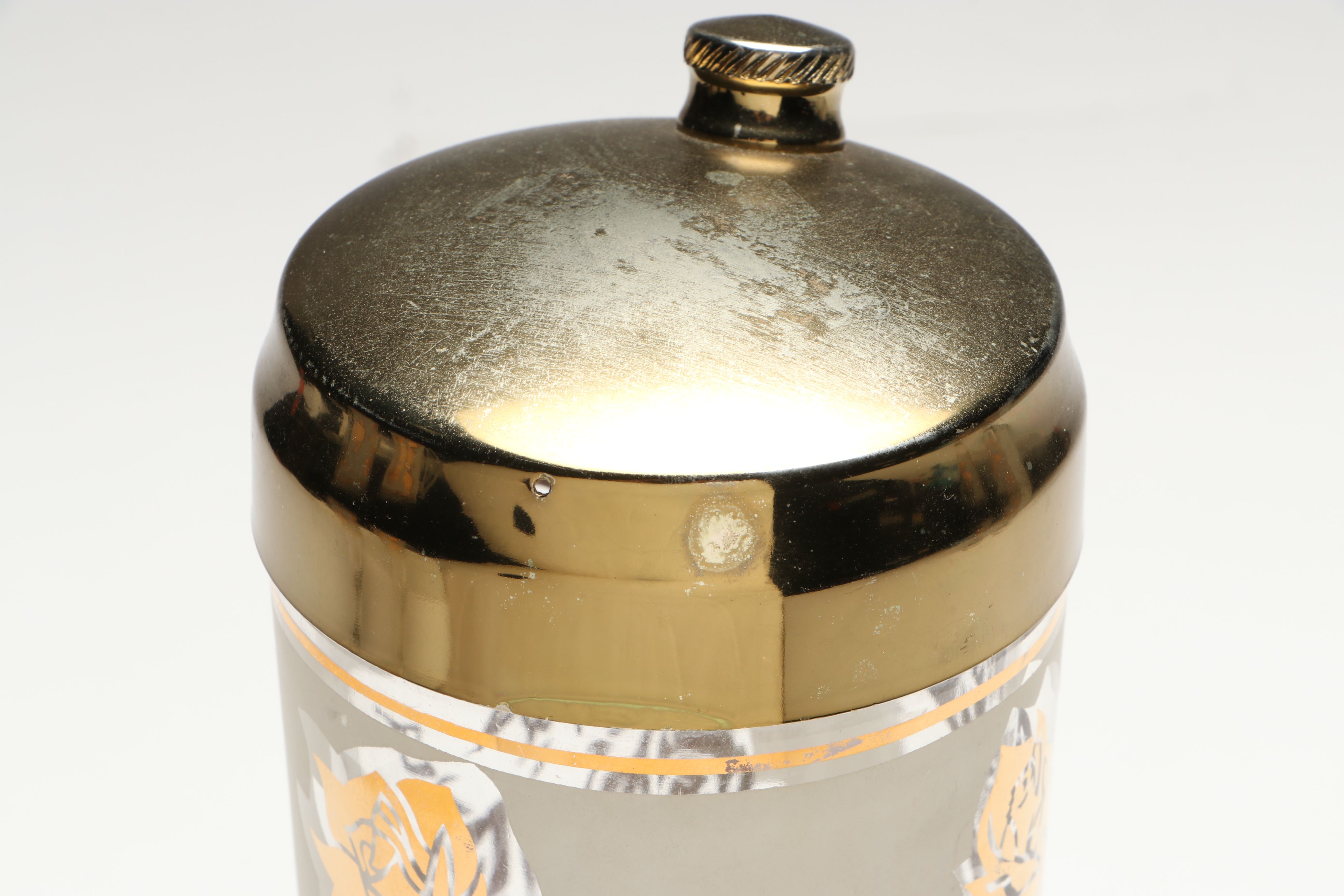 Mid-Century Gold Gilt Rose Glass Cocktail Shaker and Champagne Flutes