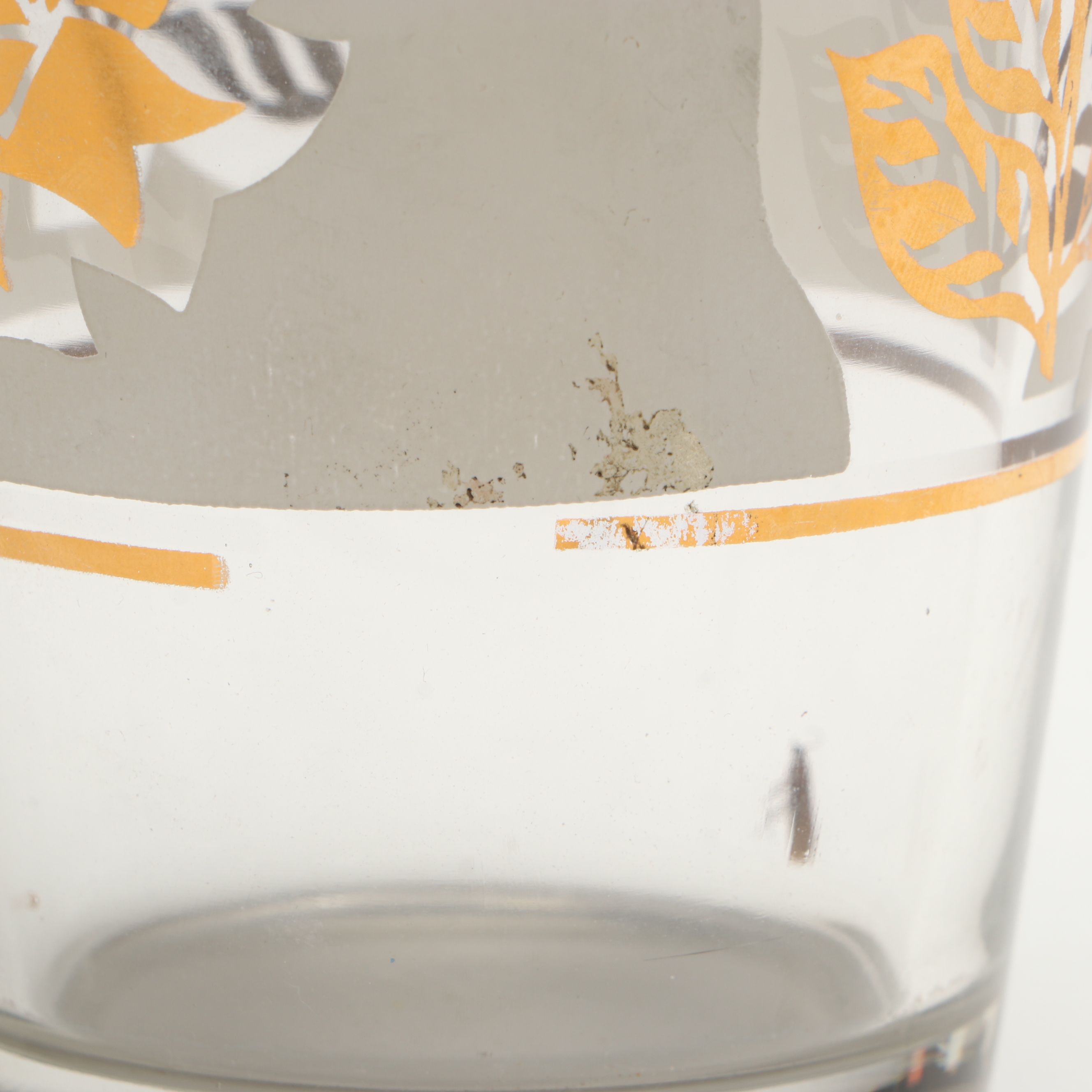 Mid-Century Gold Gilt Rose Glass Cocktail Shaker and Champagne Flutes