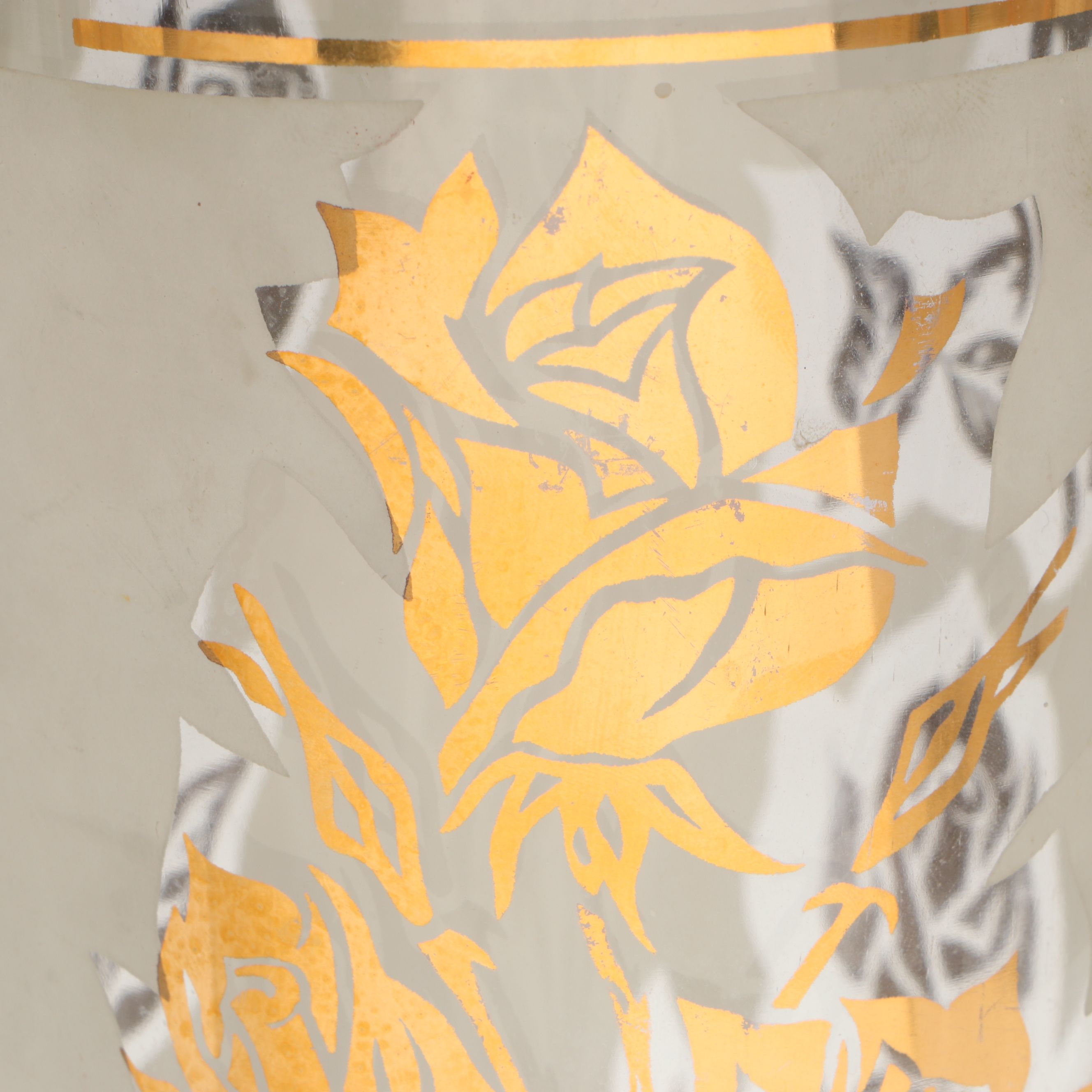 Mid-Century Gold Gilt Rose Glass Cocktail Shaker and Champagne Flutes