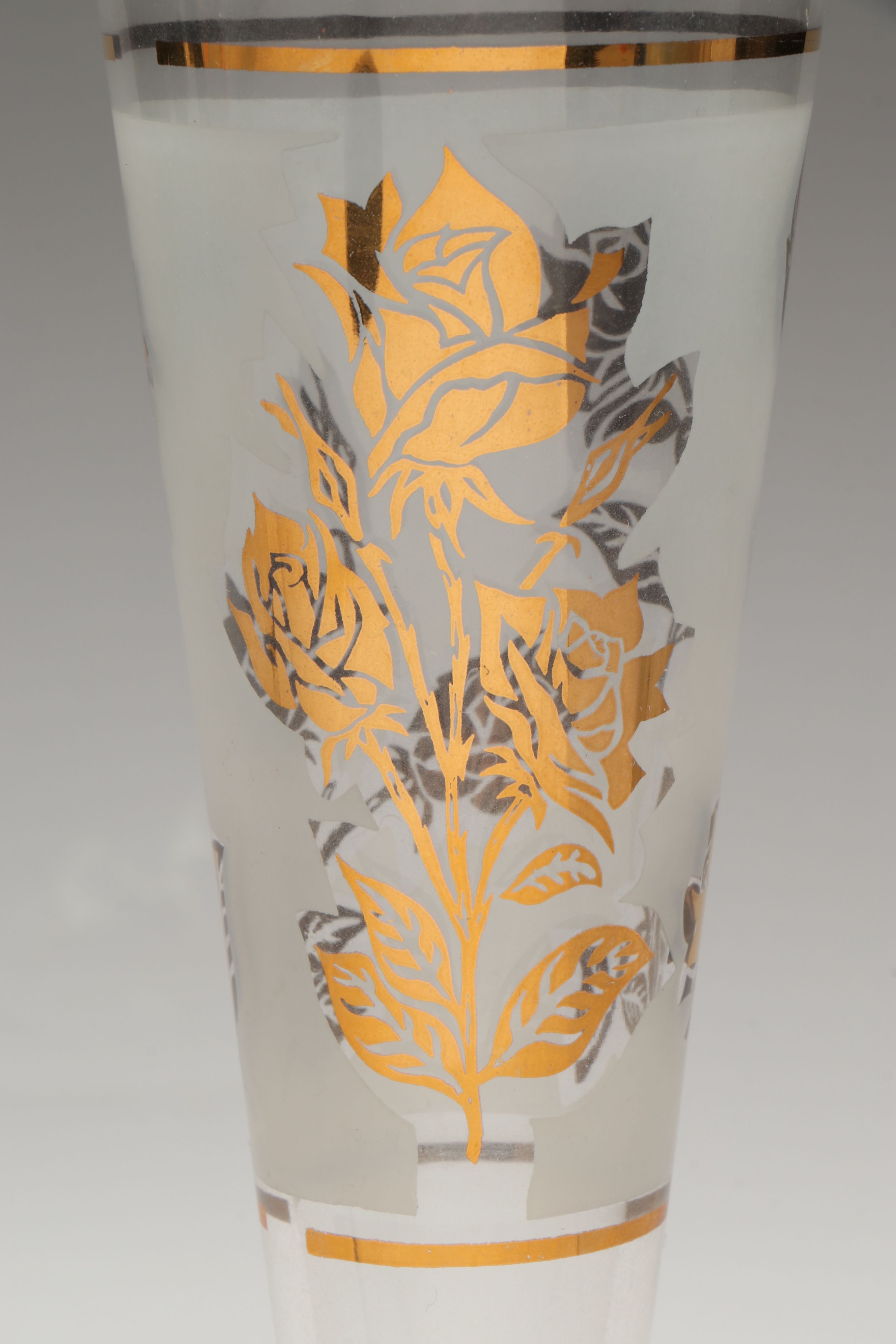 Mid-Century Gold Gilt Rose Glass Cocktail Shaker and Champagne Flutes