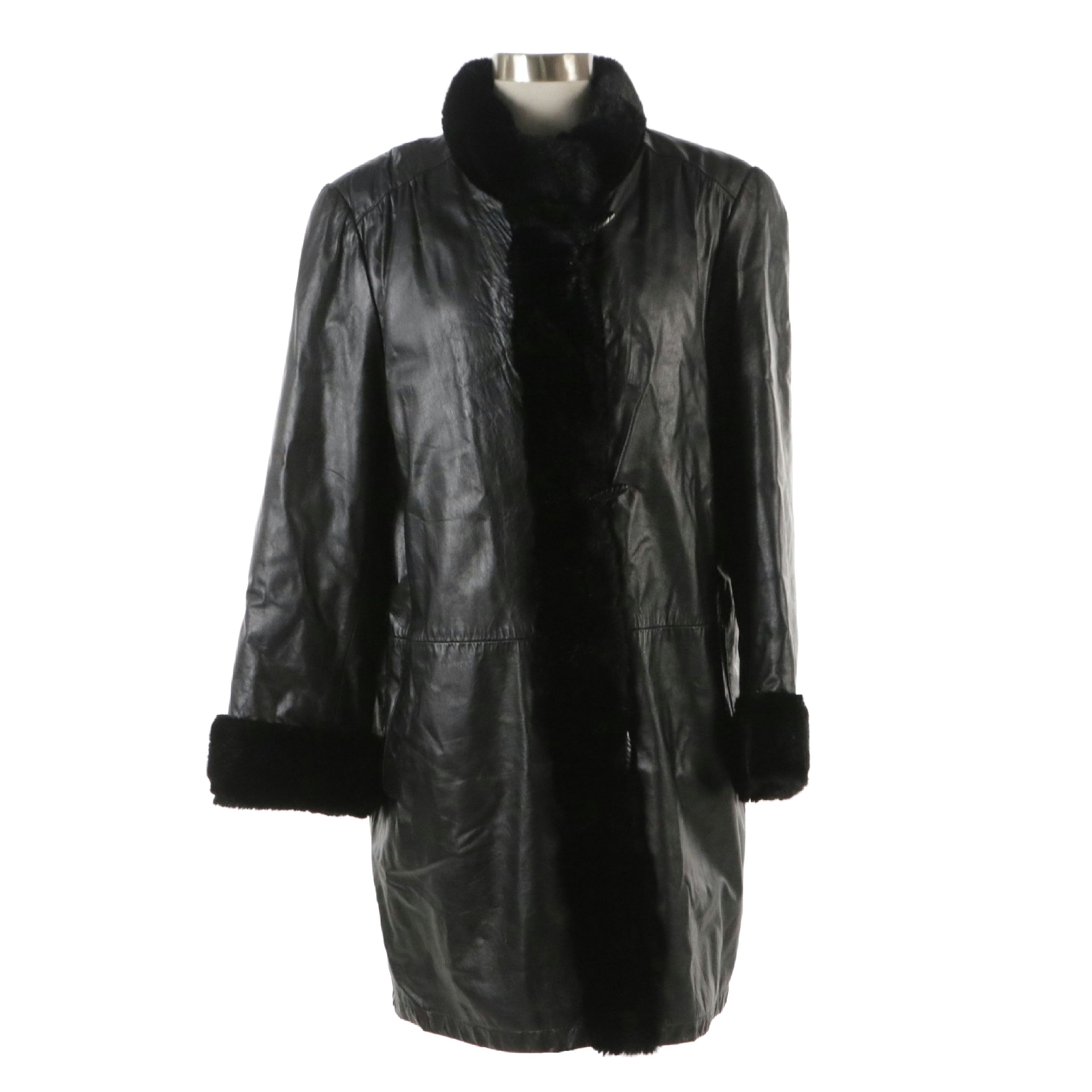 Dubrowsky & Perlbinder Black Leather and Faux-Fur Trimmed Mid-Length Coat