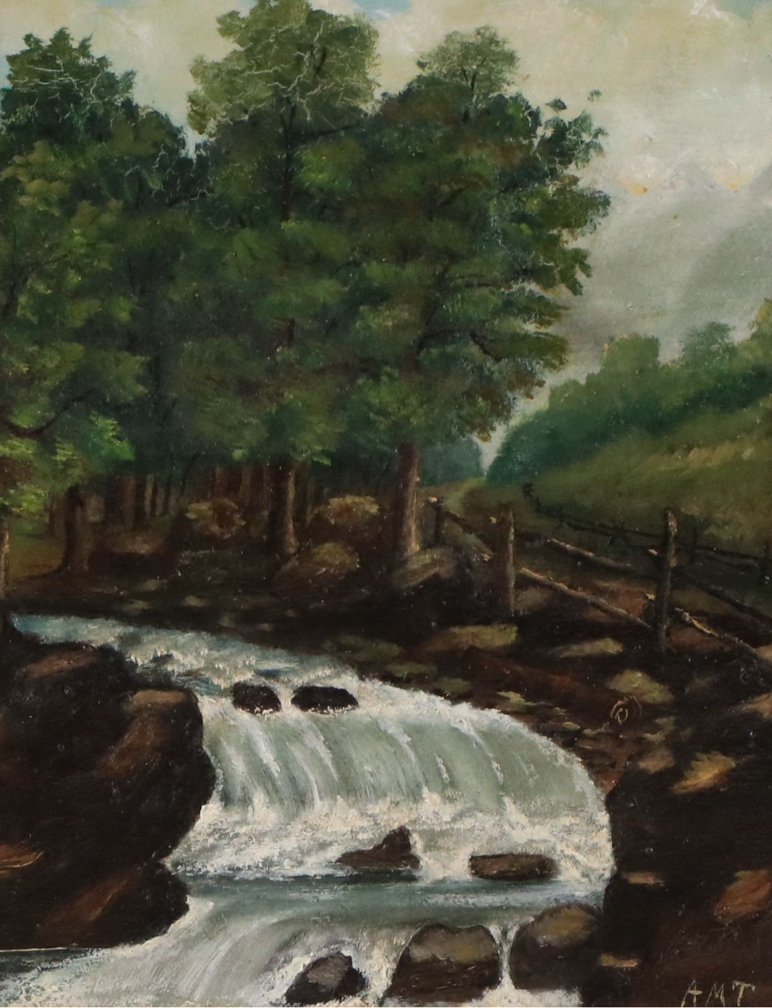Signed Oil Painting of Wooded River With Waterfall, 20th to 21st Century