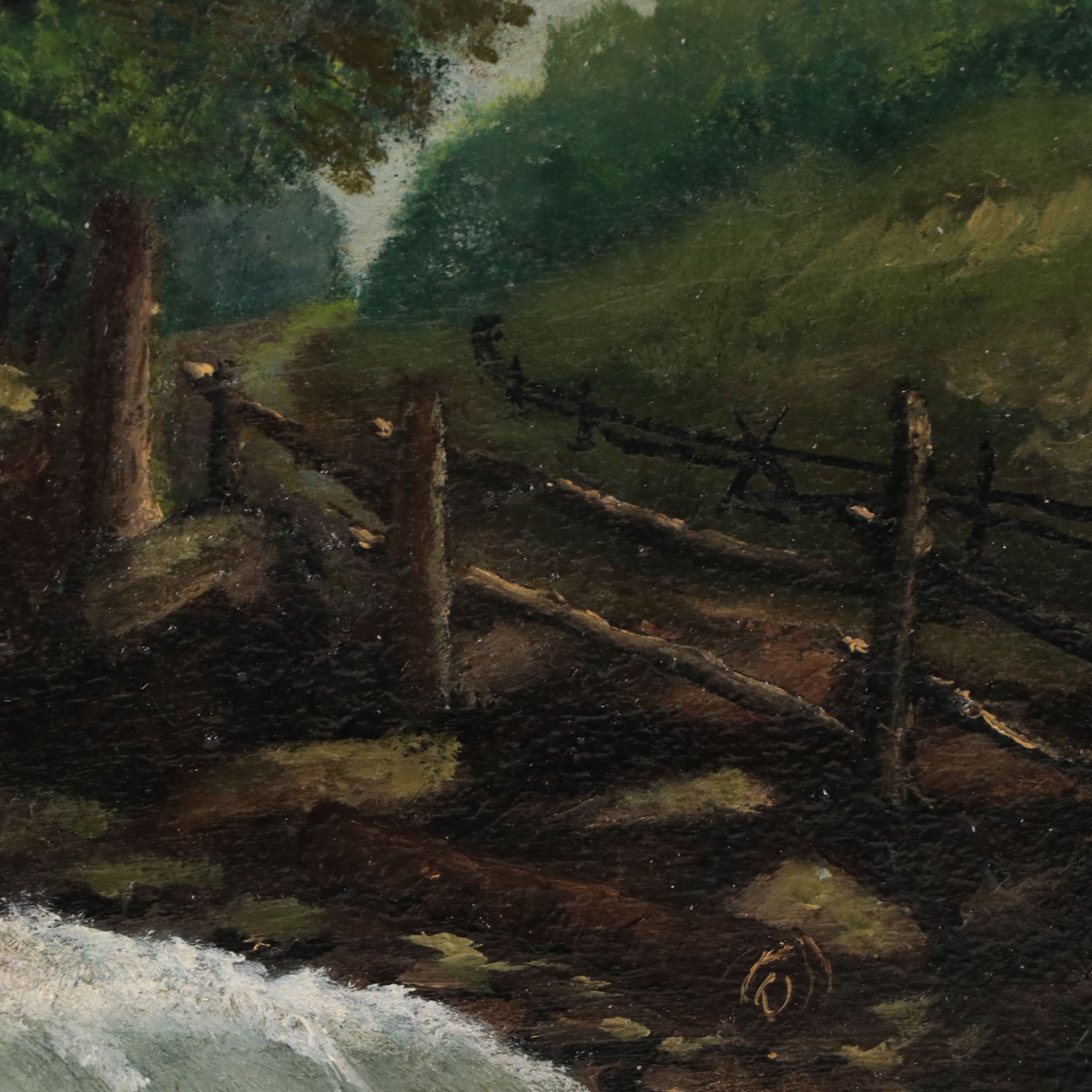 Signed Oil Painting of Wooded River With Waterfall, 20th to 21st Century