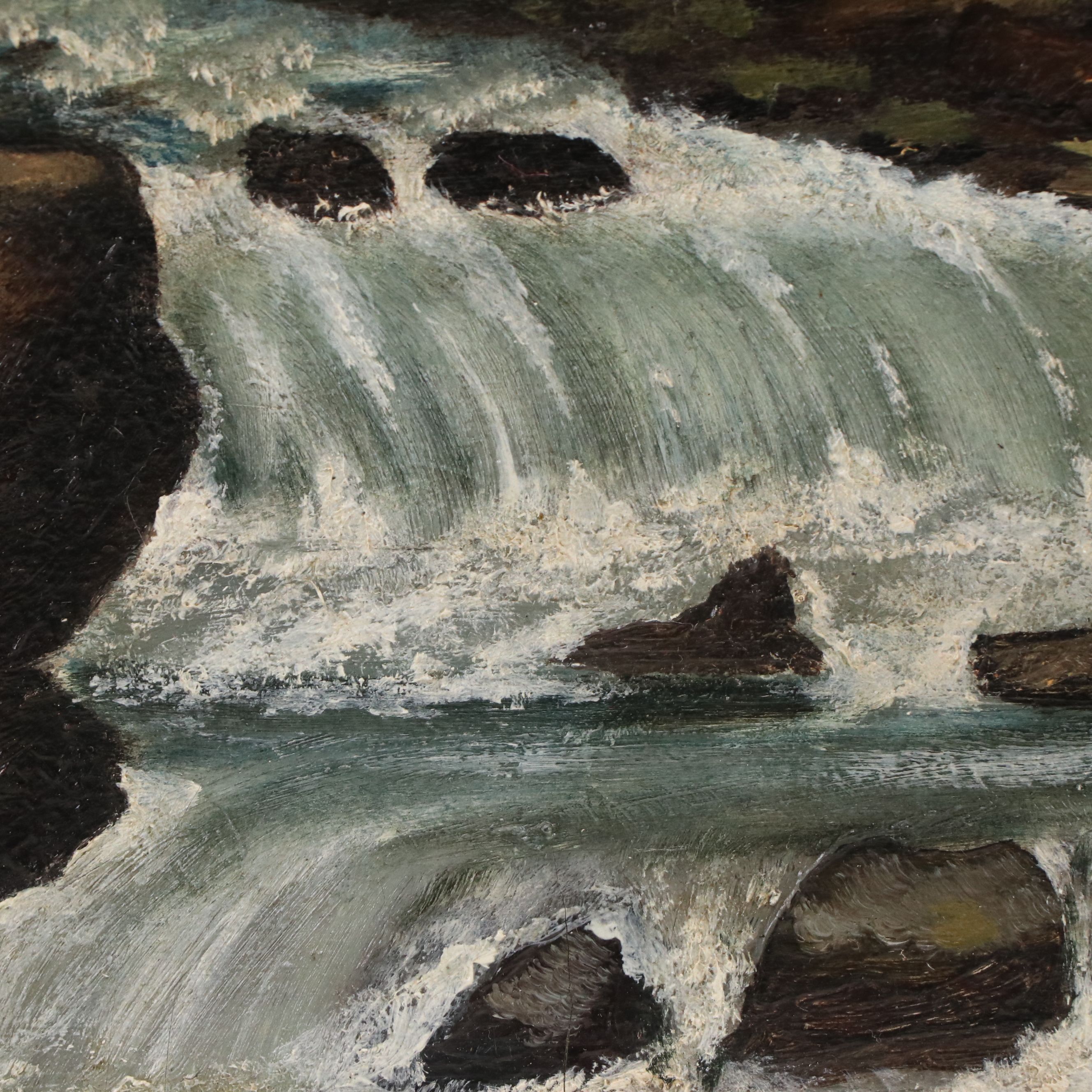 Signed Oil Painting of Wooded River With Waterfall, 20th to 21st Century