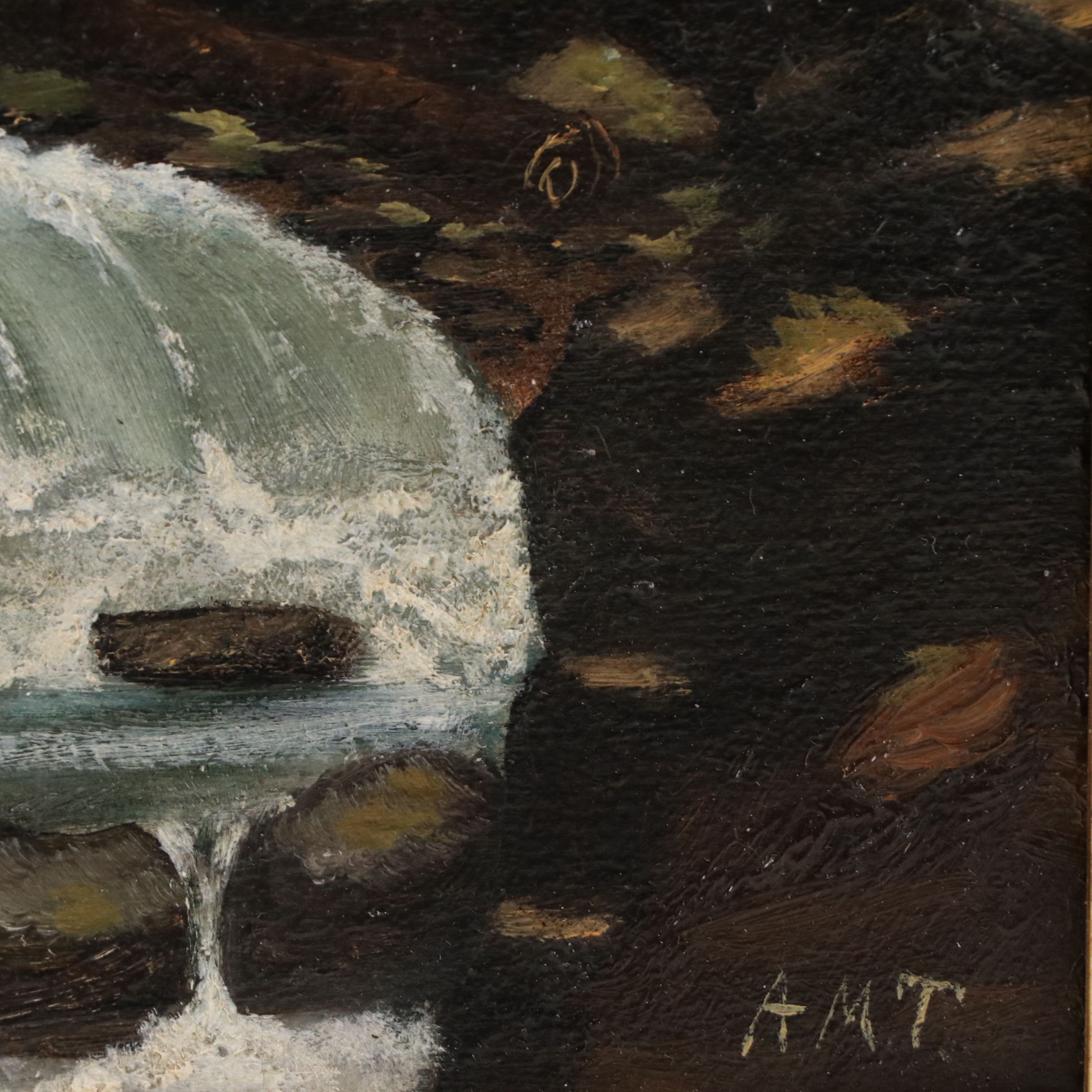 Signed Oil Painting of Wooded River With Waterfall, 20th to 21st Century