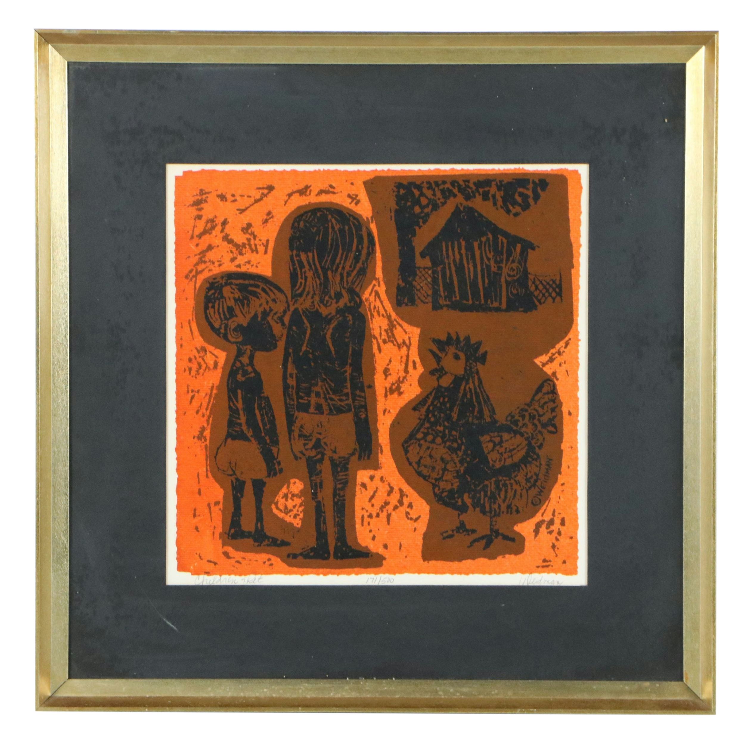 David Weidman Silkscreen on Paper "Children & Pet," 20th Century