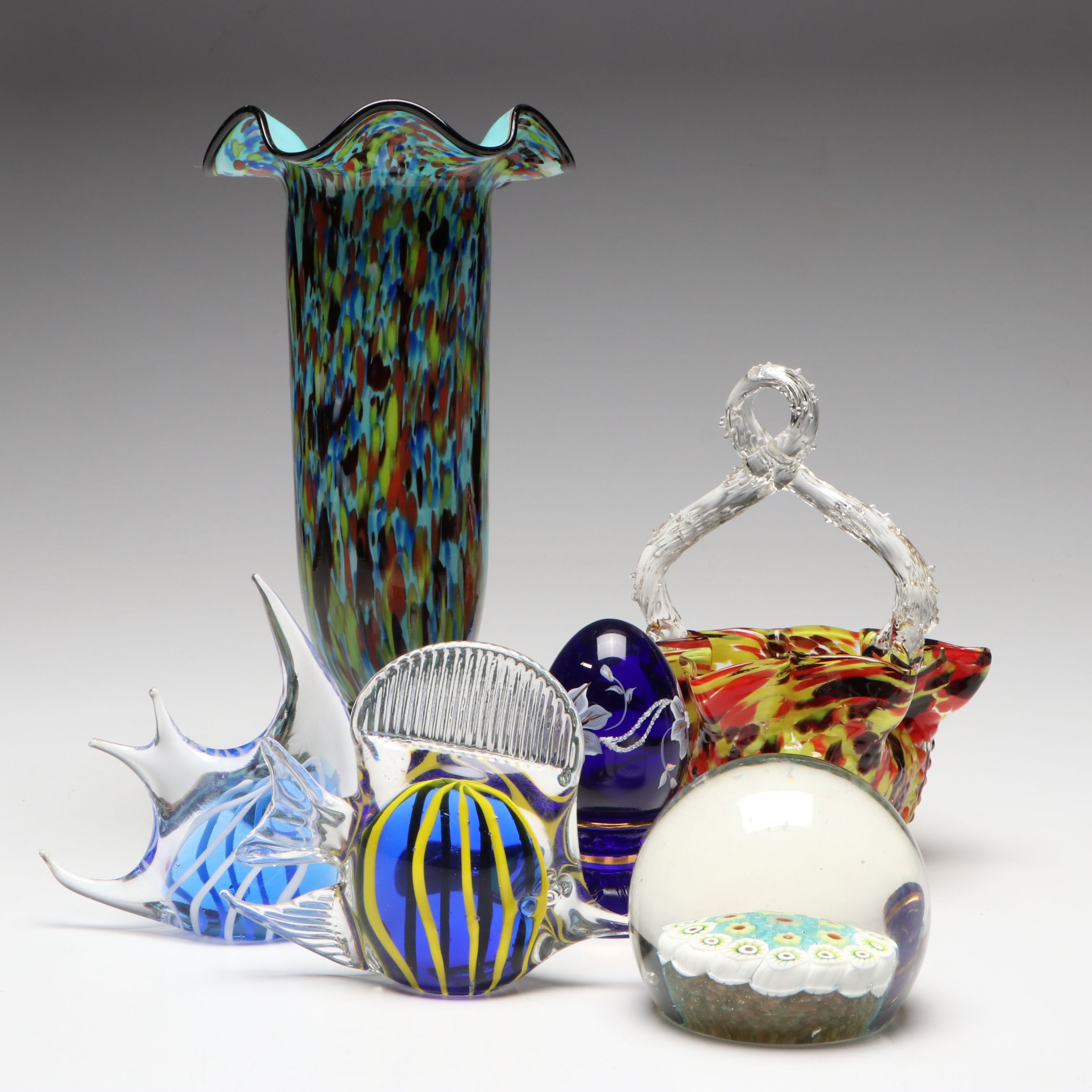 Bohemian Art Glass Vase and Basket with Fenton Cobalt Egg and Paperweights