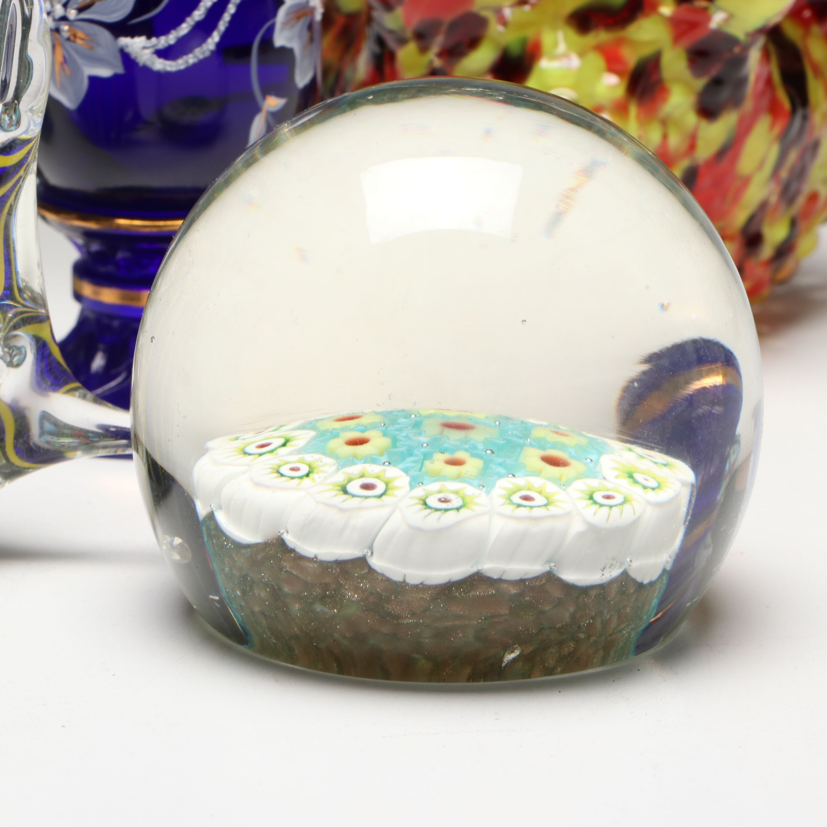 Bohemian Art Glass Vase and Basket with Fenton Cobalt Egg and Paperweights