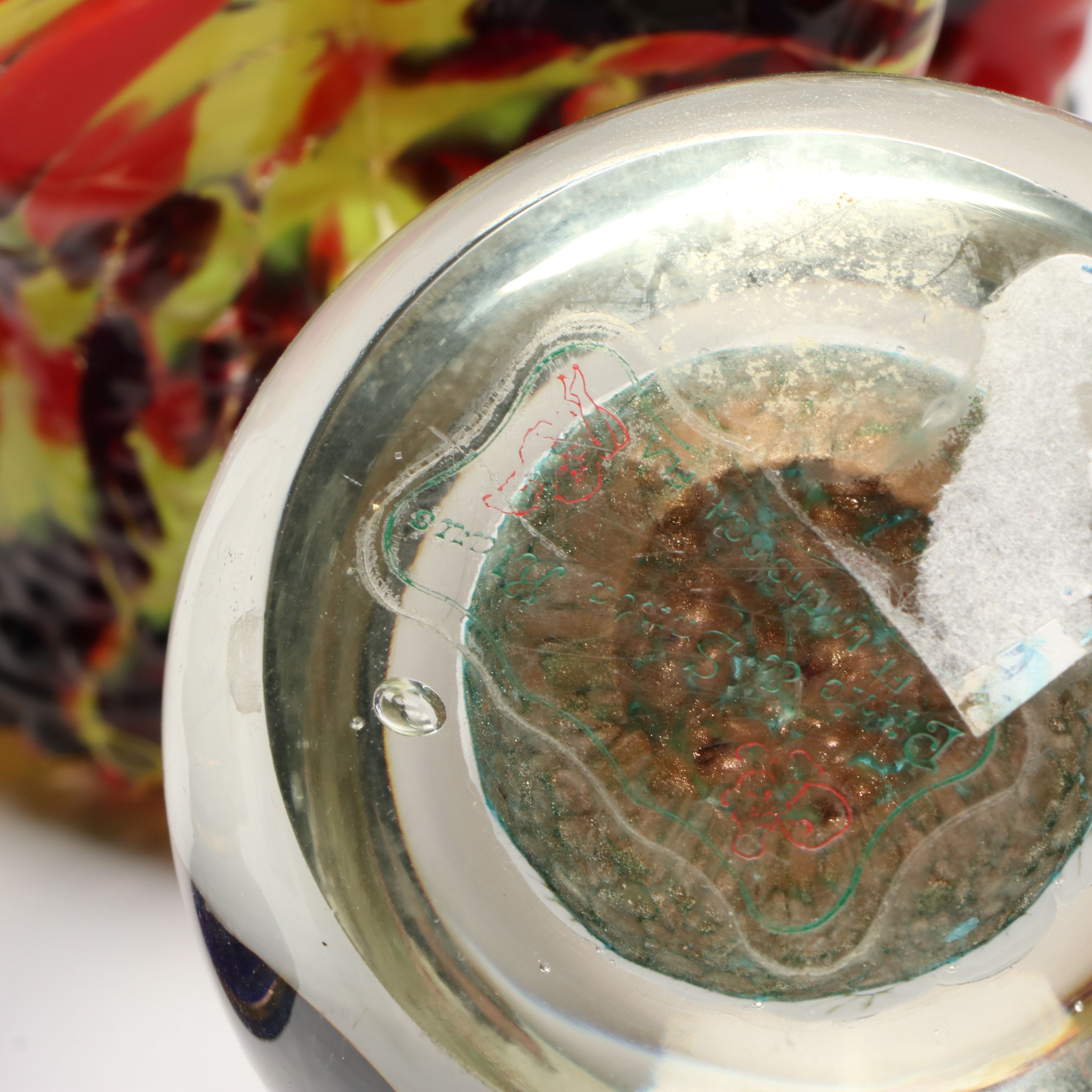 Bohemian Art Glass Vase and Basket with Fenton Cobalt Egg and Paperweights