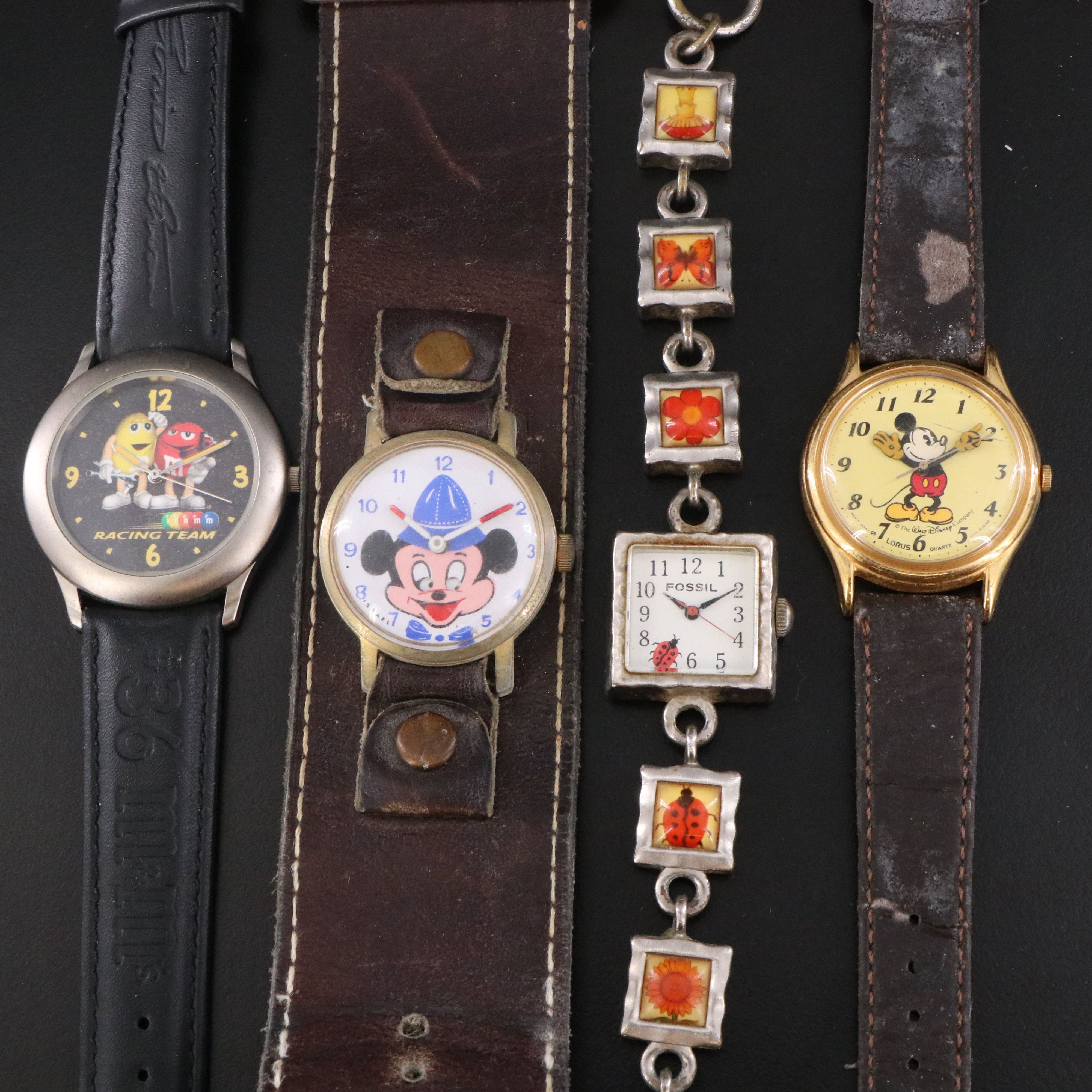 Collection of Fossil and Novelty Mickey Mouse and M & M Watches