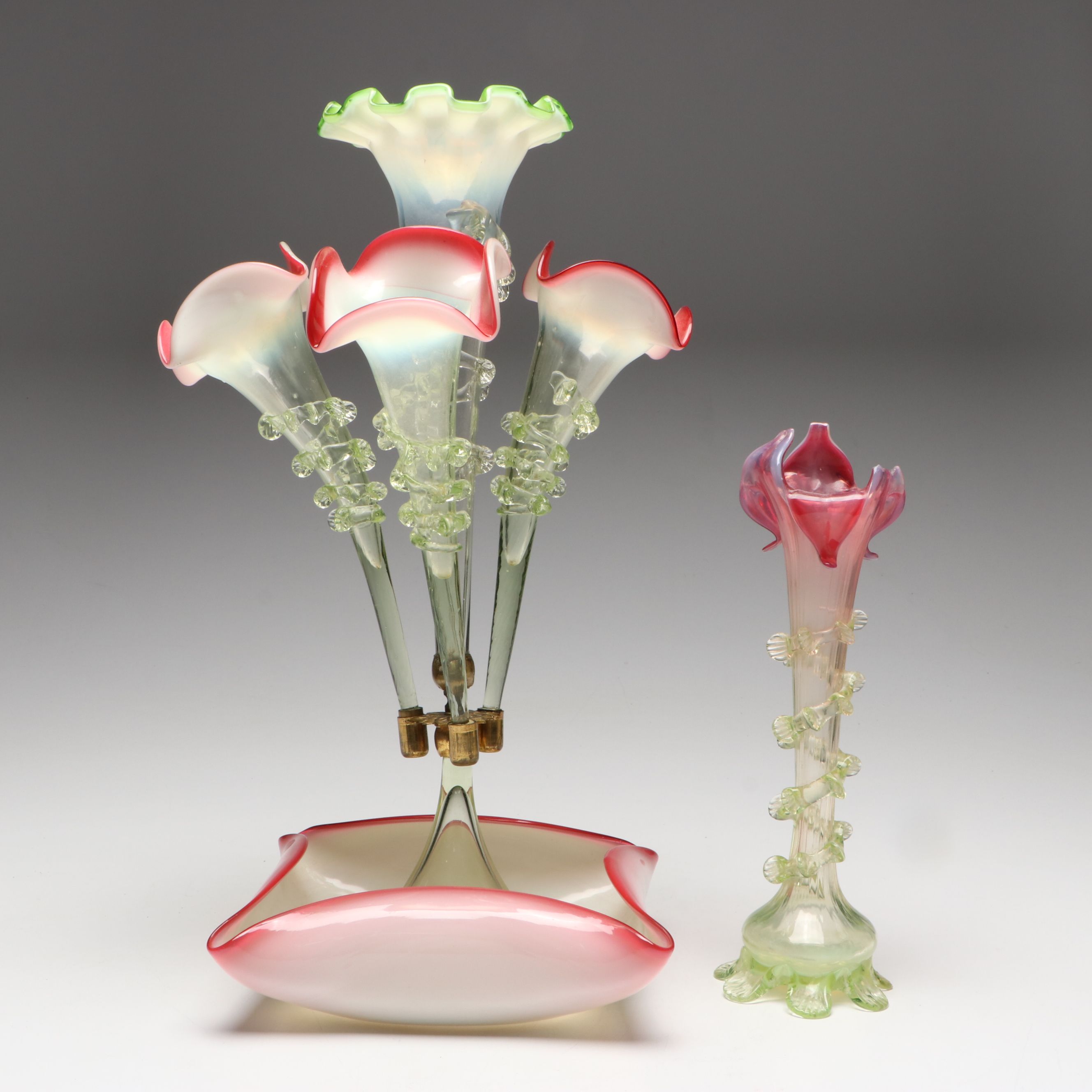 Art Nouveau Style Ruffled Cranberry and Uranium Glass Epergne and Vase