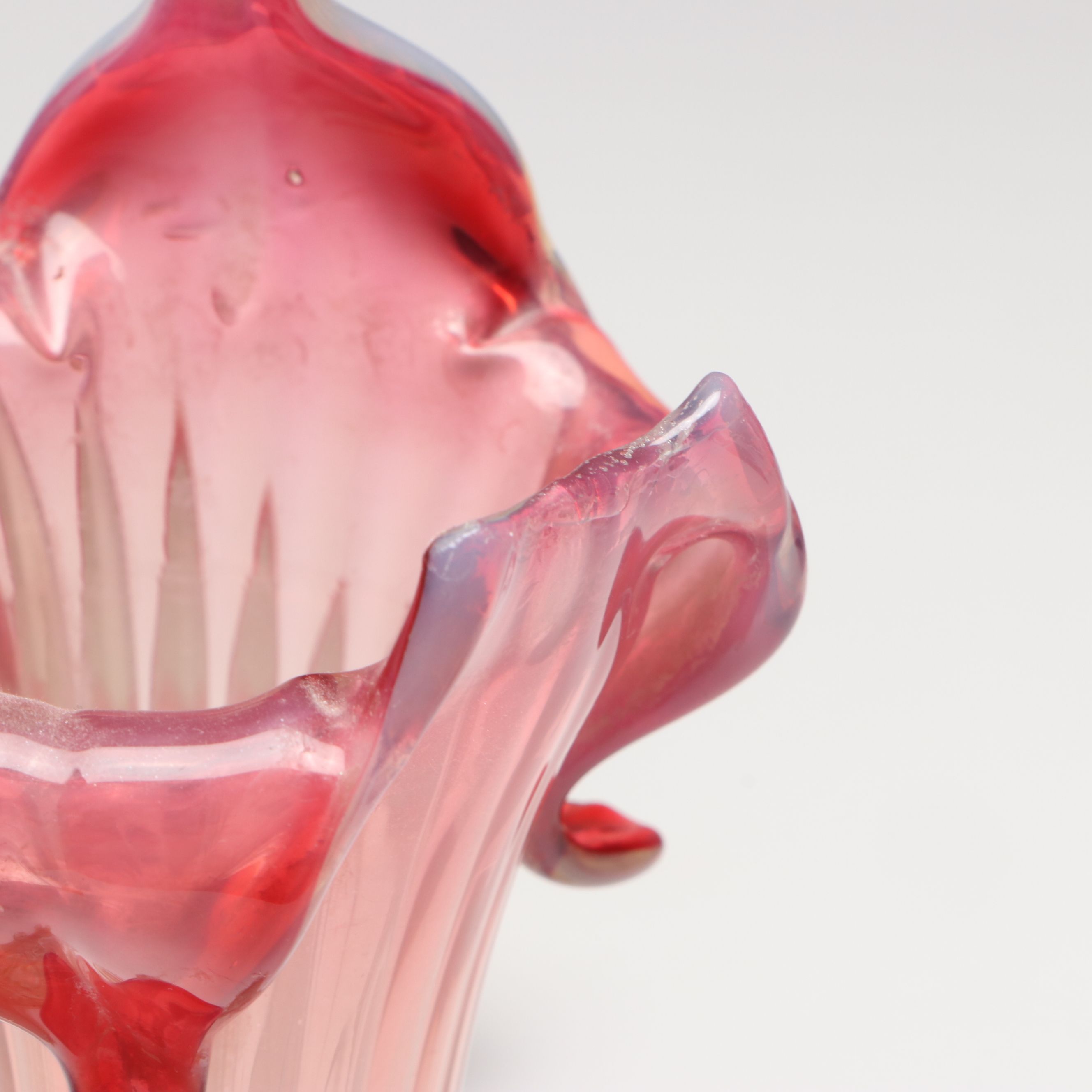 Art Nouveau Style Ruffled Cranberry and Uranium Glass Epergne and Vase