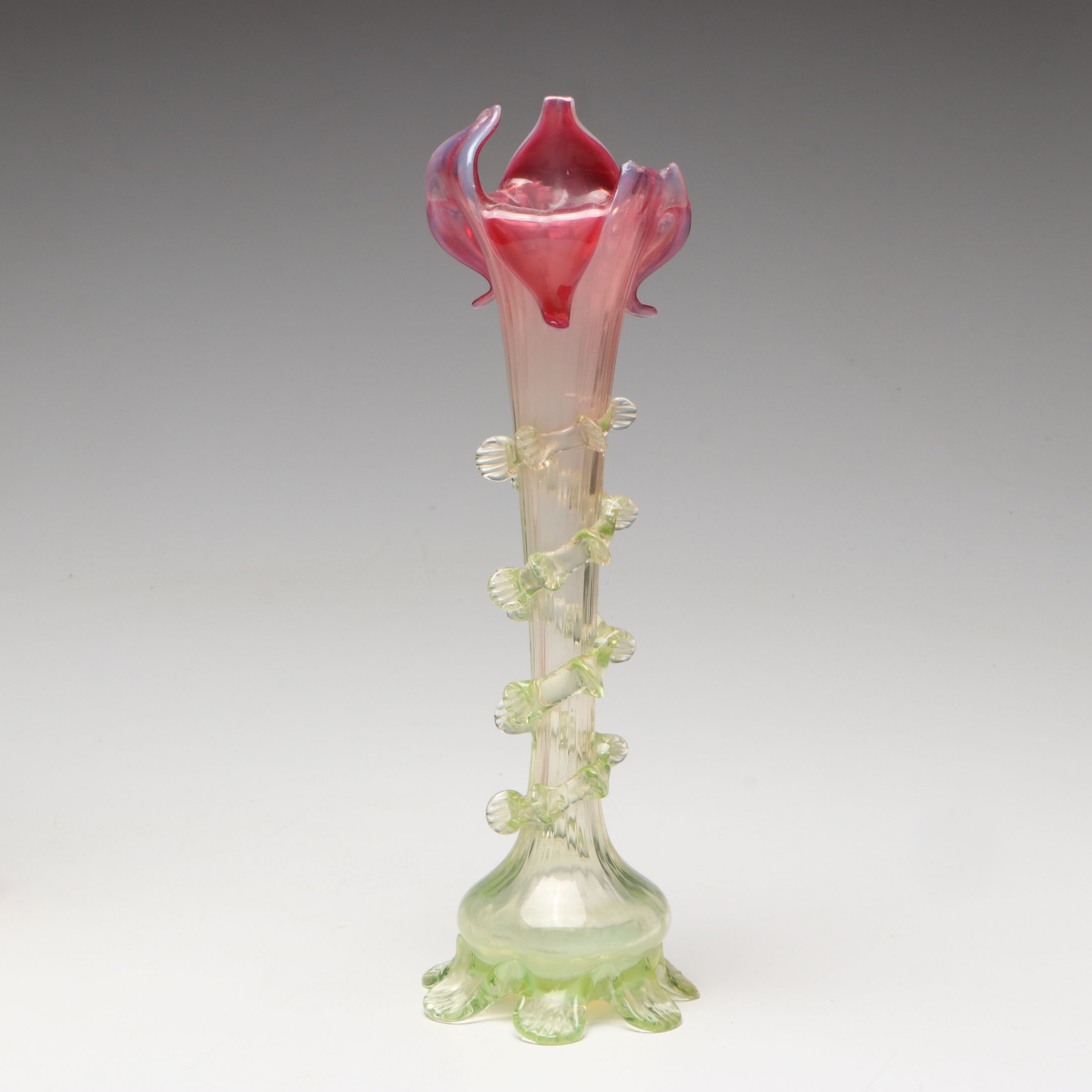 Art Nouveau Style Ruffled Cranberry and Uranium Glass Epergne and Vase