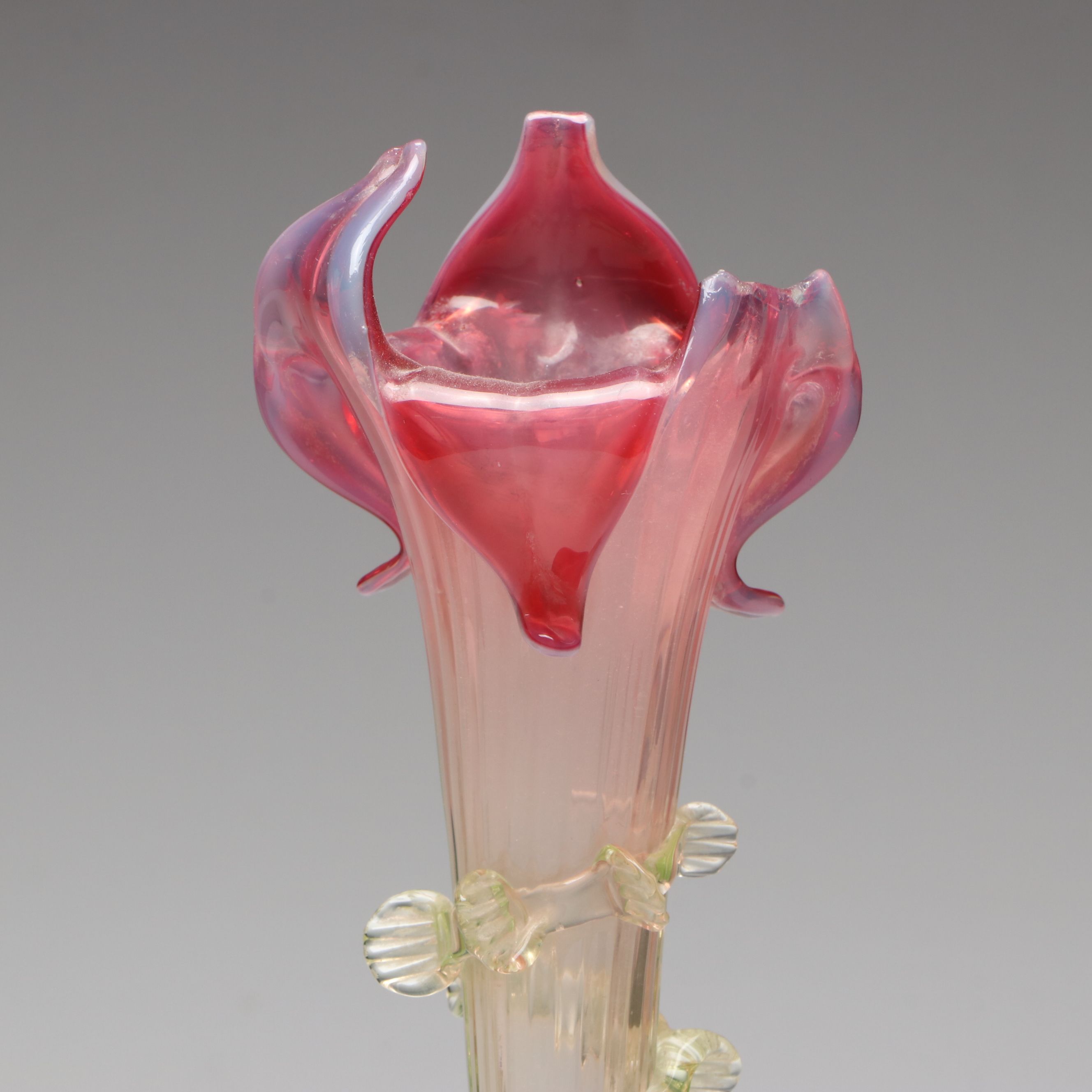 Art Nouveau Style Ruffled Cranberry and Uranium Glass Epergne and Vase