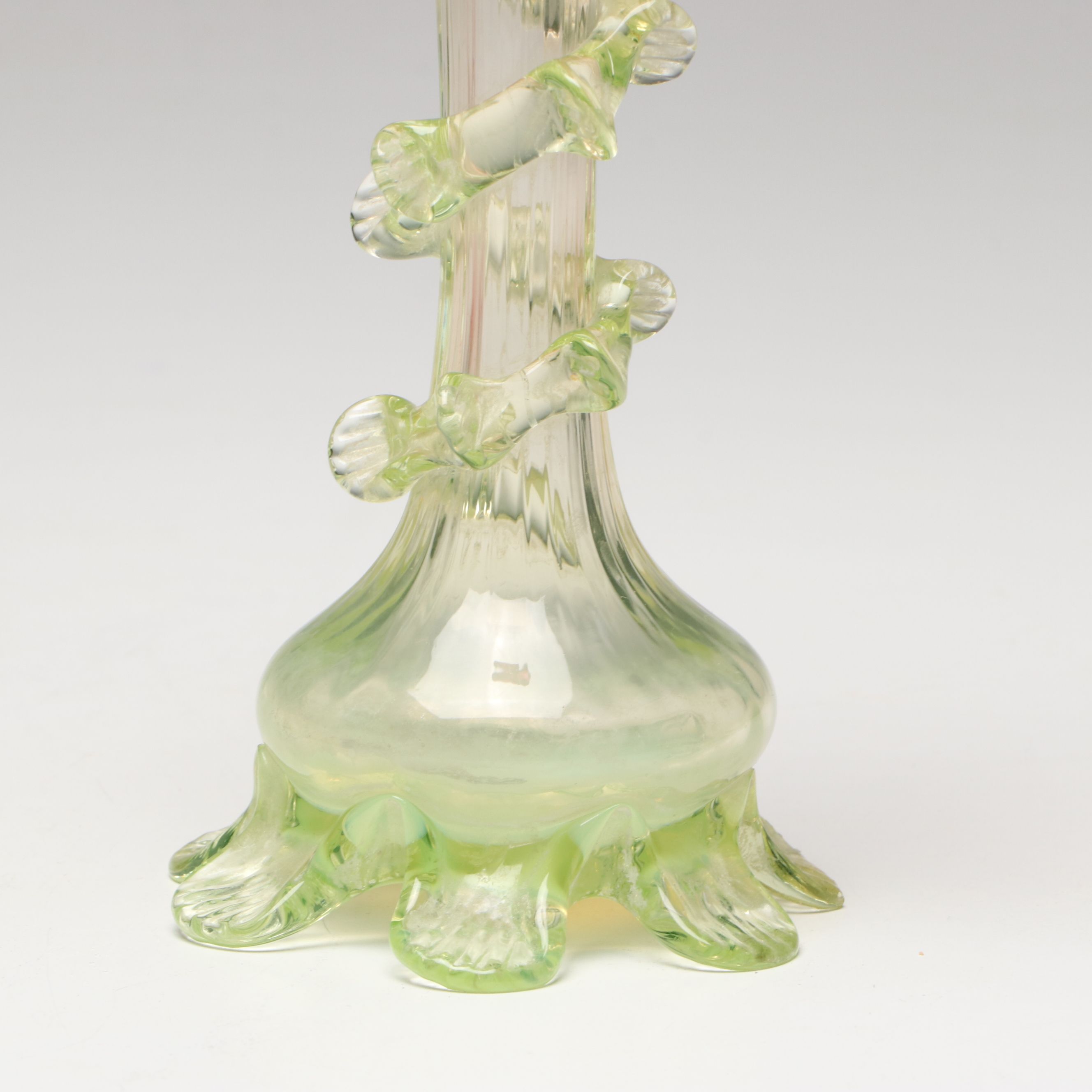 Art Nouveau Style Ruffled Cranberry and Uranium Glass Epergne and Vase