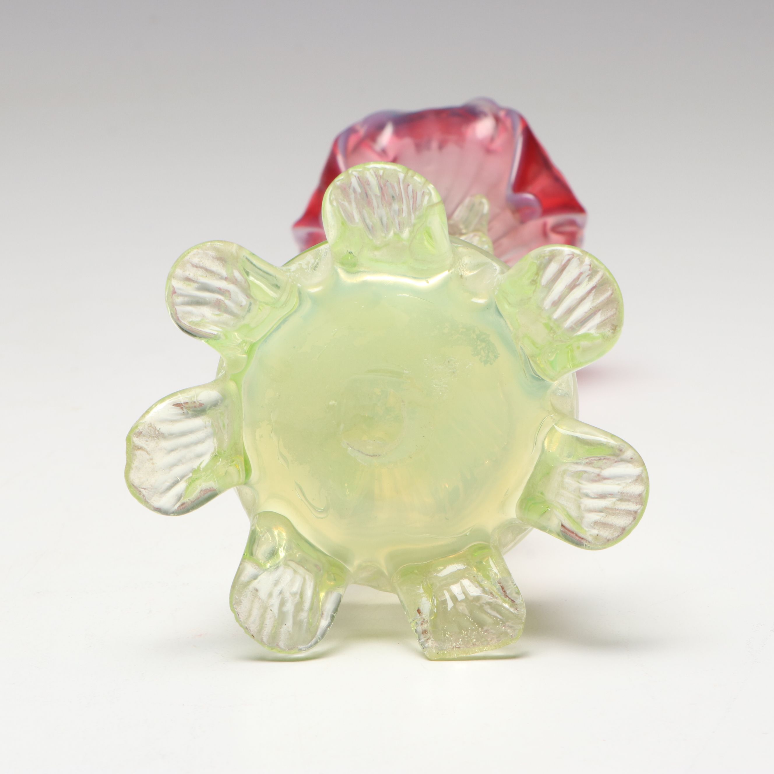 Art Nouveau Style Ruffled Cranberry and Uranium Glass Epergne and Vase